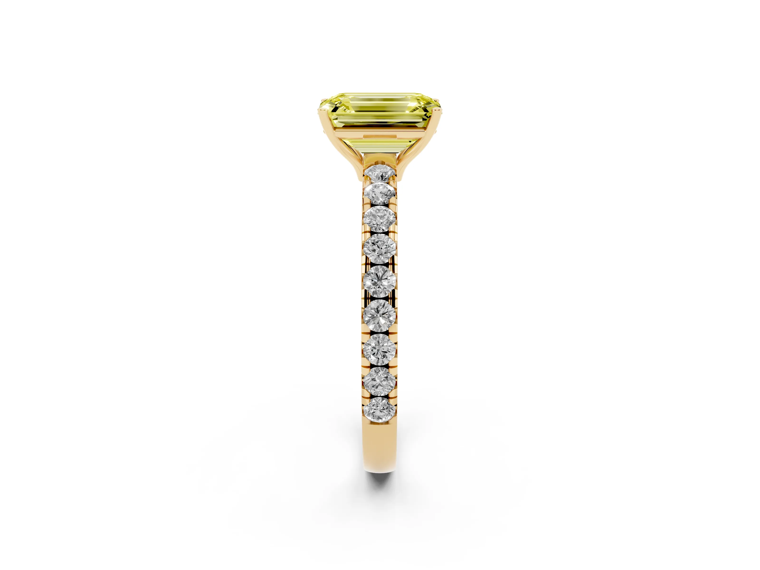 Fancy Yellow Emerald Cut Diamond Pavé Solitaire Engagement Ring Set in Yellow gold with Prong Setting