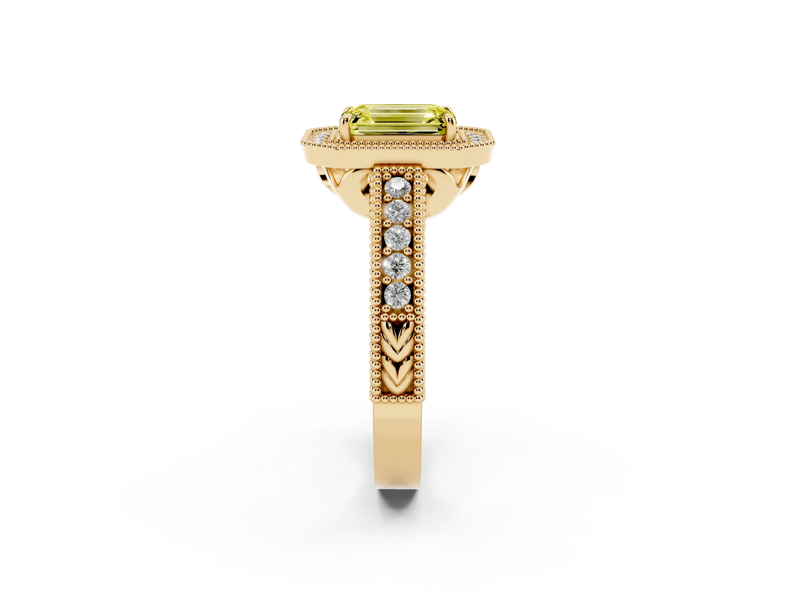 Fancy Yellow Emerald Cut Diamond Halo Ring Set in Yellow gold with Round Accent Halo, Pavé Band and Prong Setting