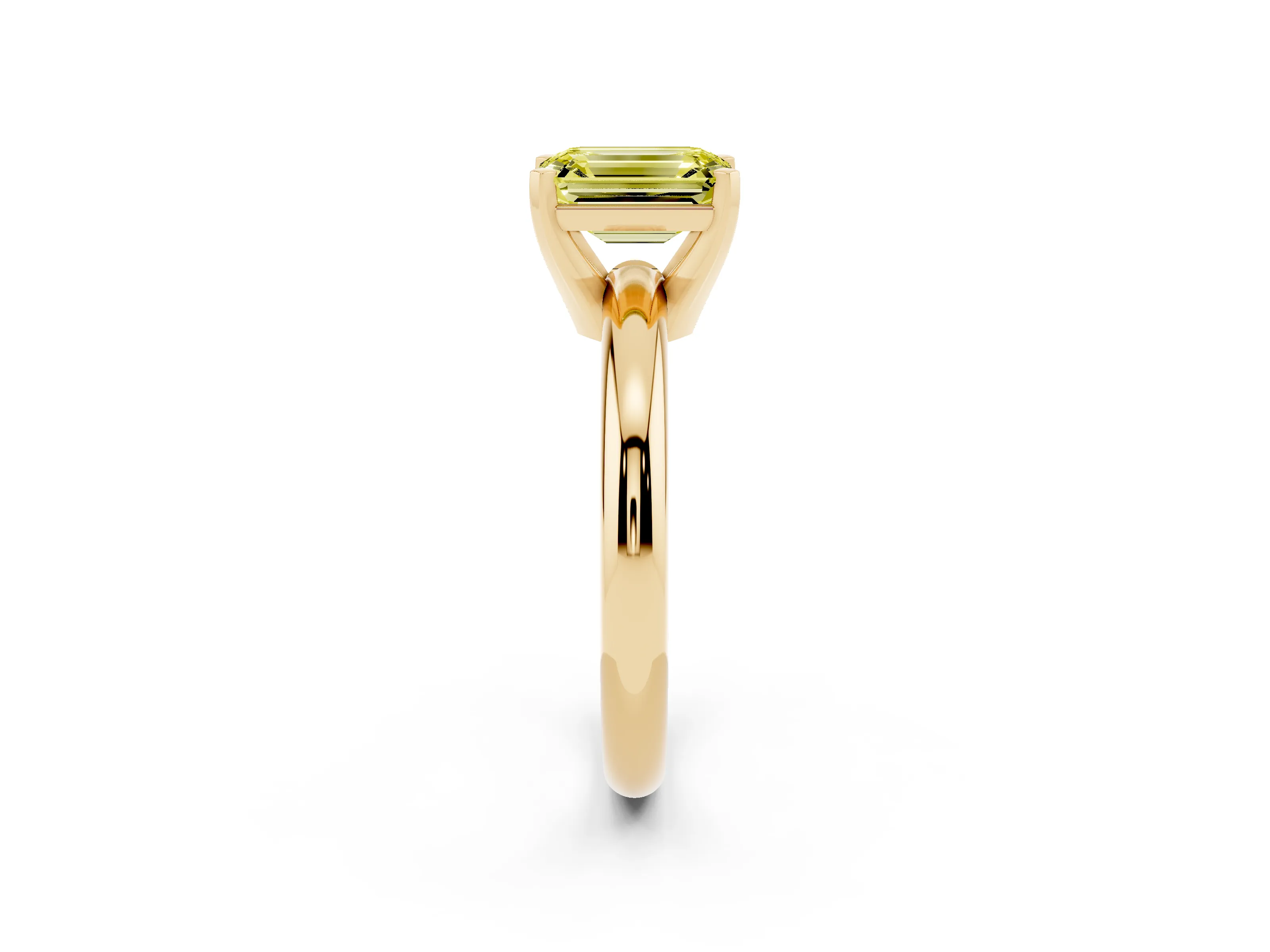 Fancy Yellow Emerald Cut Diamond Solitaire Engagement Ring Set in Yellow gold with Round Band and Prong Setting