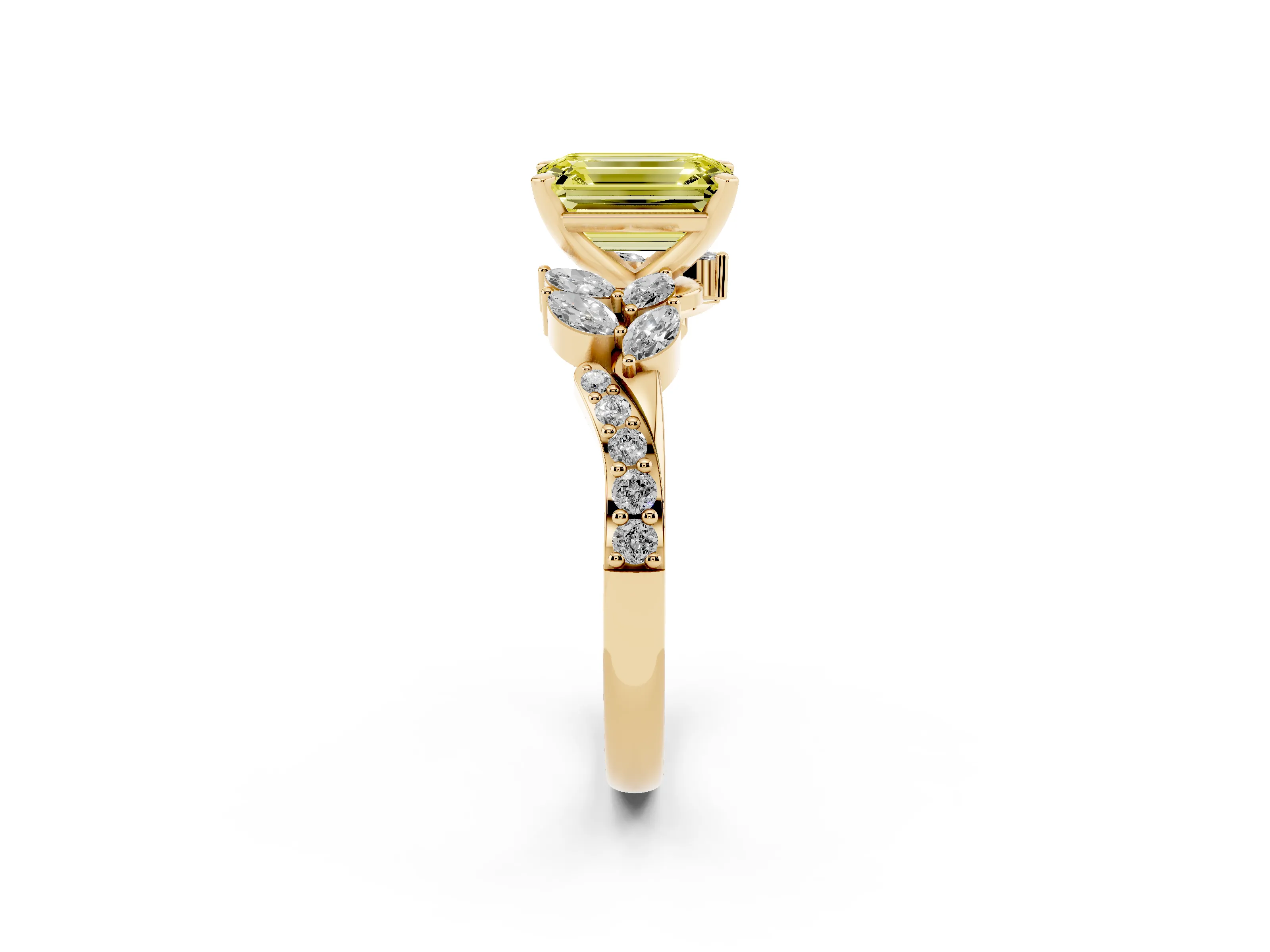 Fancy Yellow Emerald Cut Diamond Solitaire Ring Set in Yellow gold with Marquise Twist Band and Prong Setting