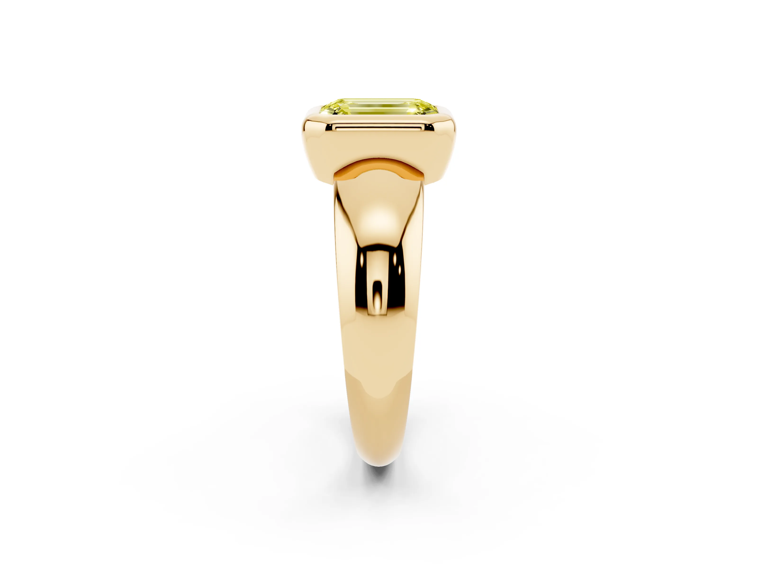 Fancy Yellow Bezel Set Emerald Cut Diamond Solitaire Ring Set in Yellow gold with Wide Band