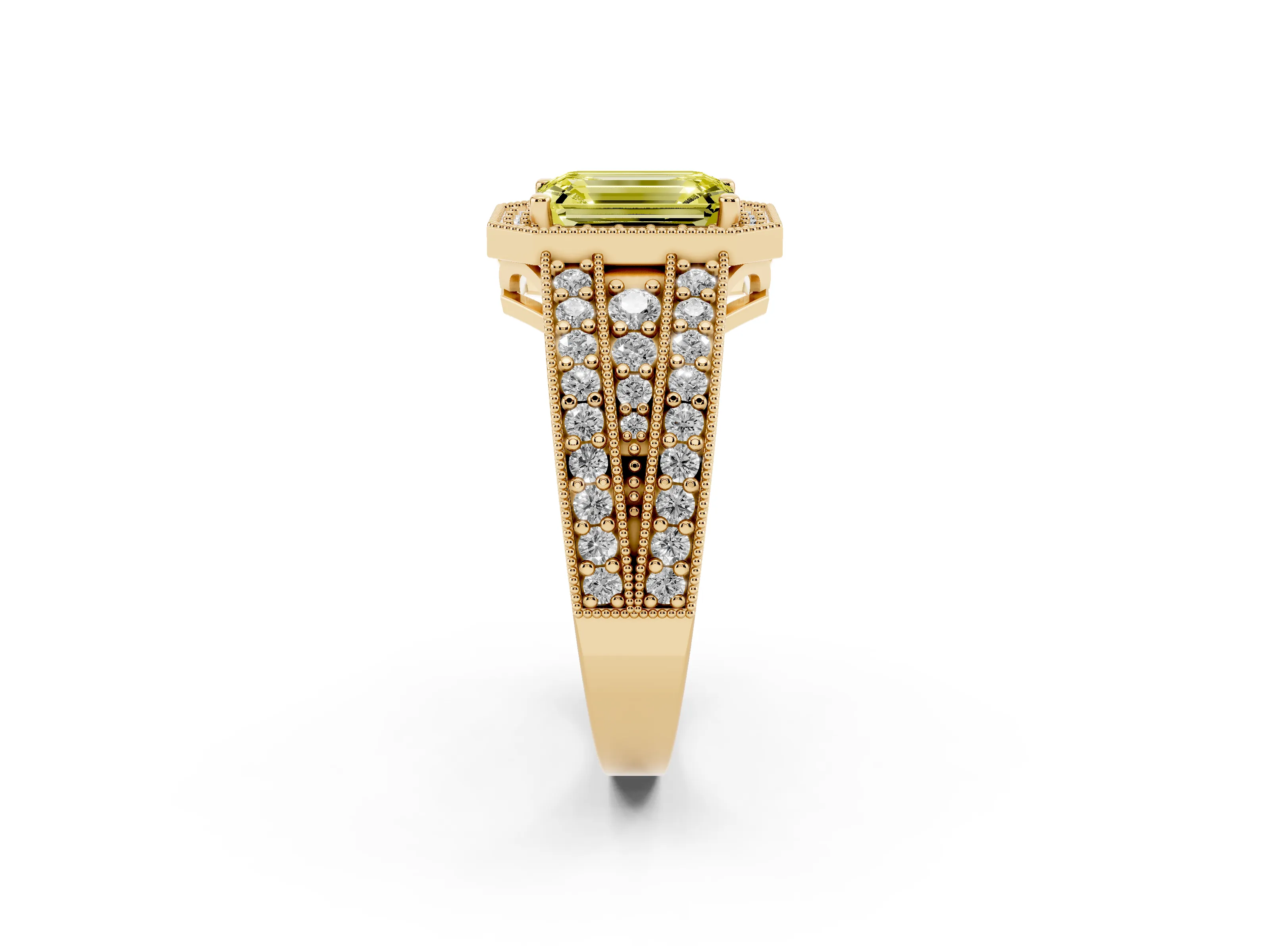 Fancy Yellow Emerald Cut Diamond Halo Ring Set in Yellow gold with Accent Split Shank and Prong Setting