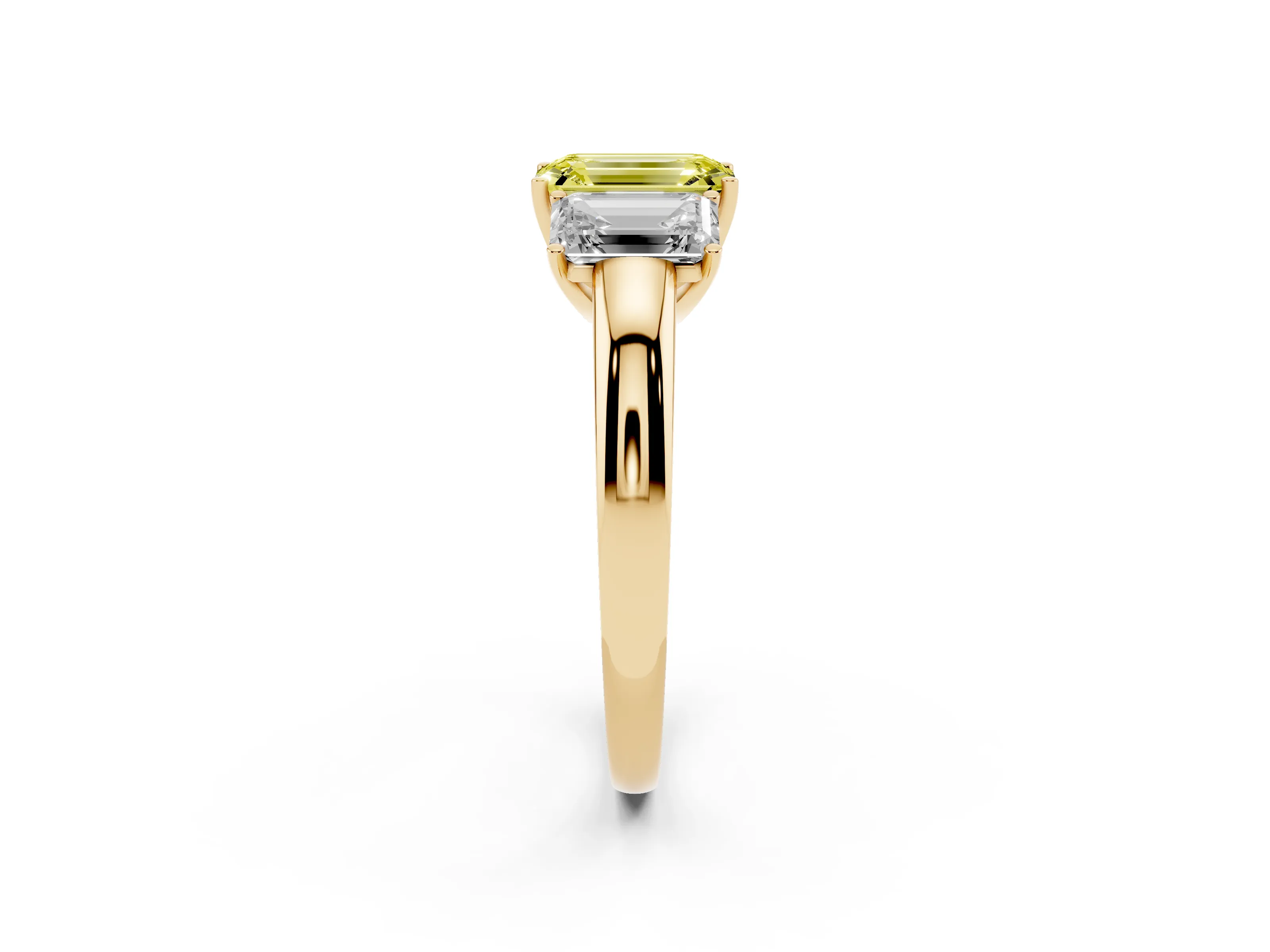 Fancy Yellow Emerald Cut Diamond Three-Stone Ring Set in Yellow gold with Bold Center and Classic Band