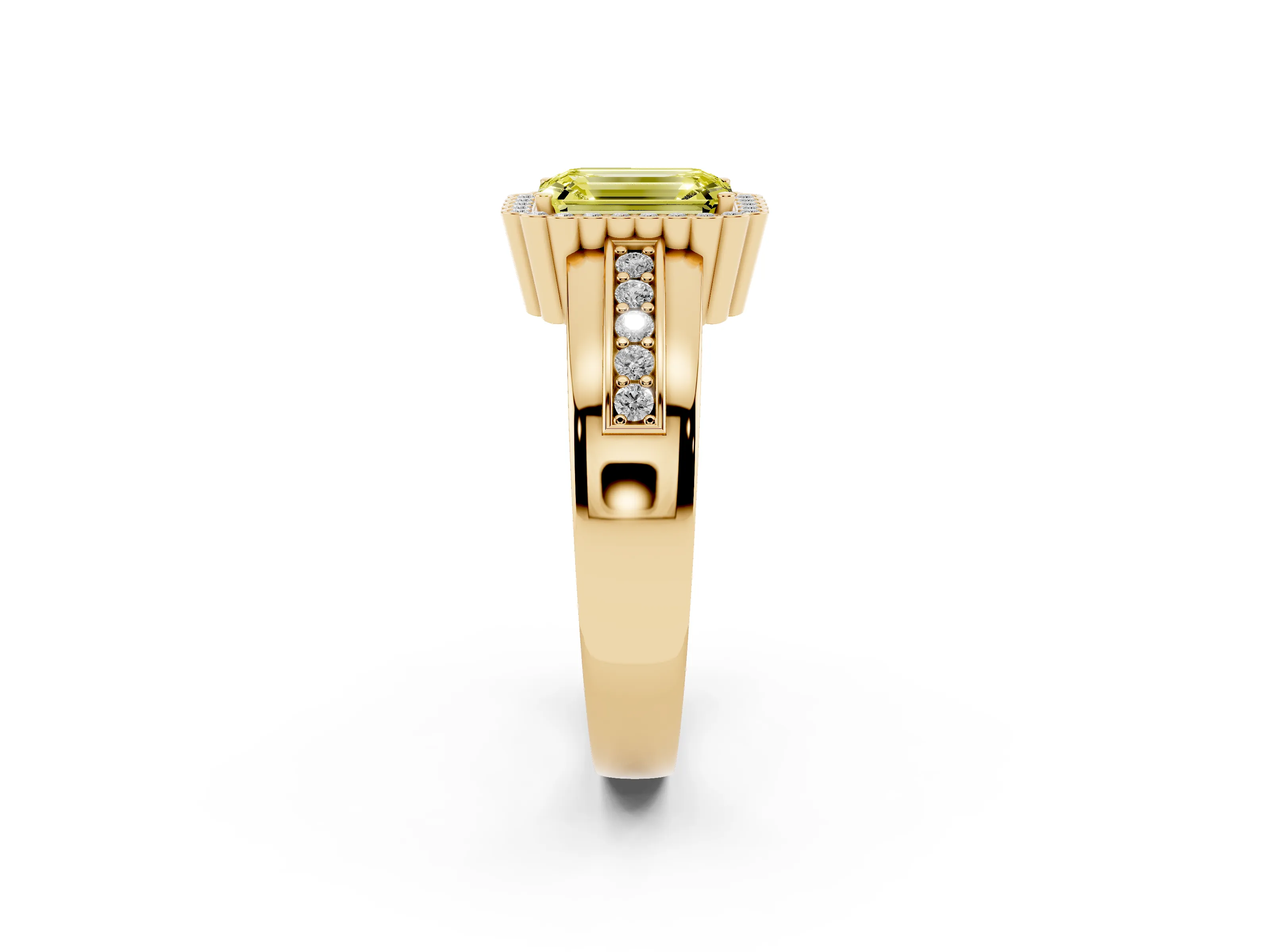 Fancy Yellow Emerald Cut Diamond Halo Prong Ring Set in Yellow gold with Pavé Band