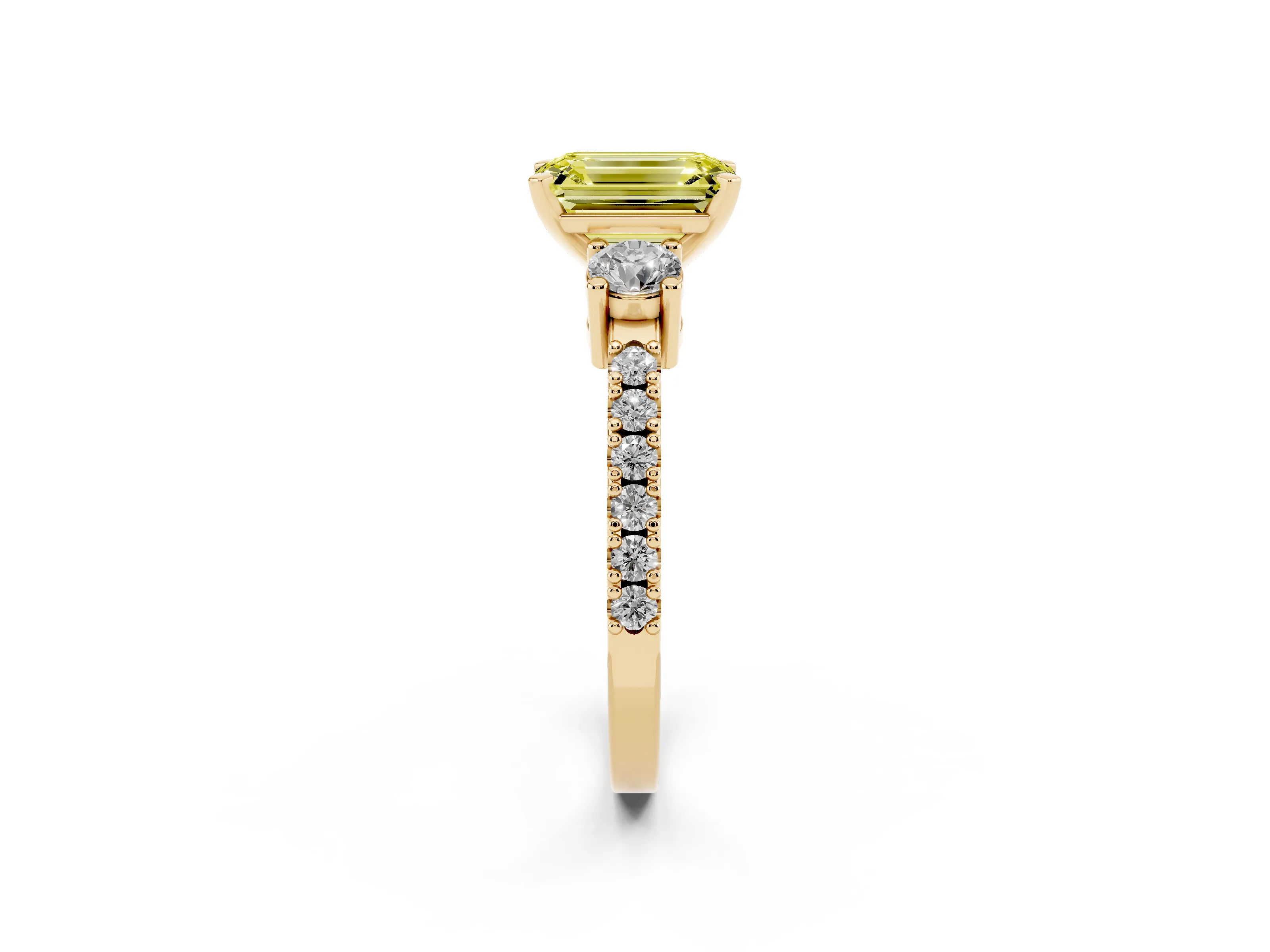 Fancy Yellow Three-Stone Emerald Cut Diamond Pavé Band Ring Set in Yellow gold with Prong Setting