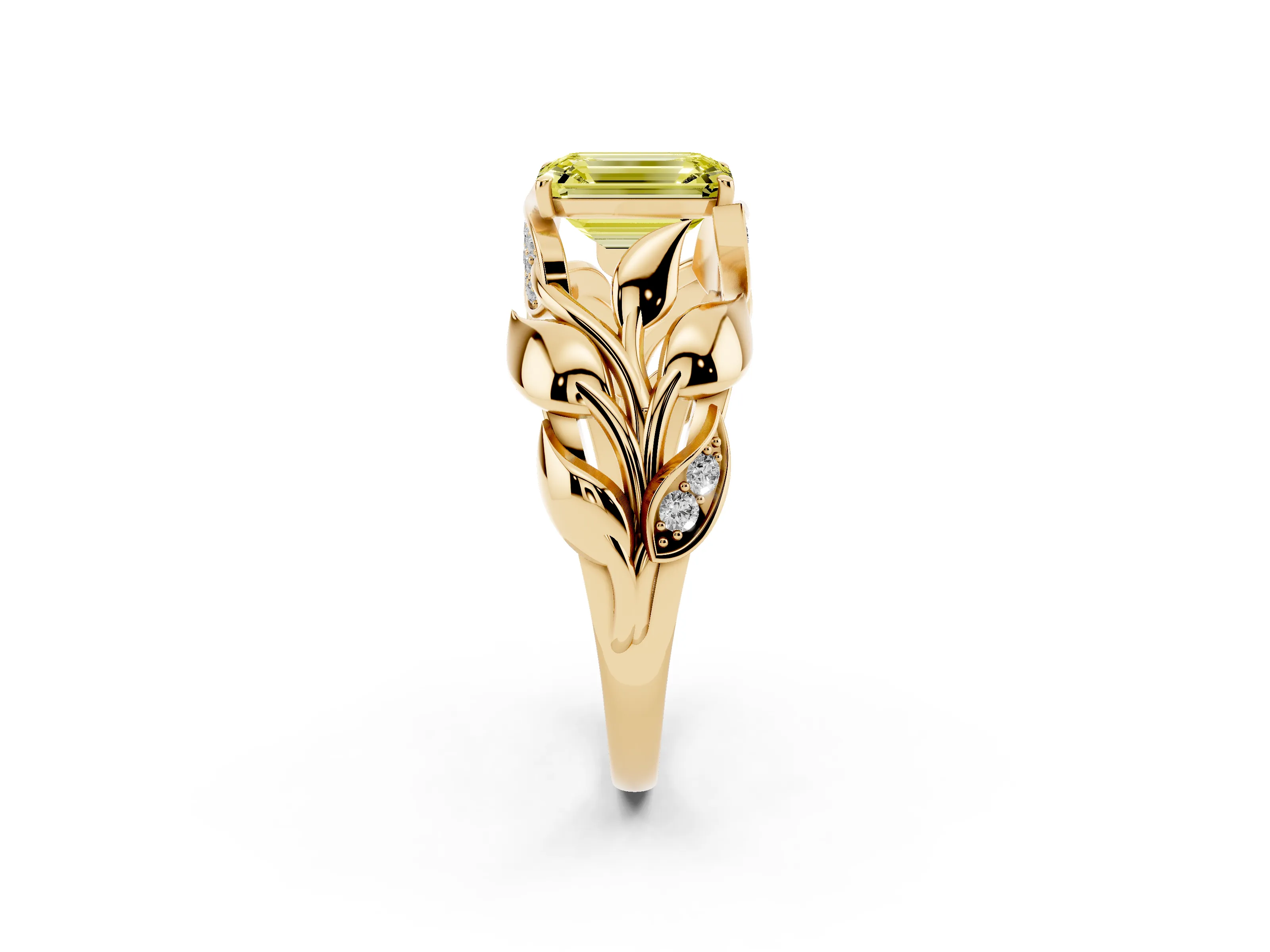 Fancy Yellow Emerald Cut Diamond Leaf-Inspired Engagement Ring Set in Yellow gold with Round Accents