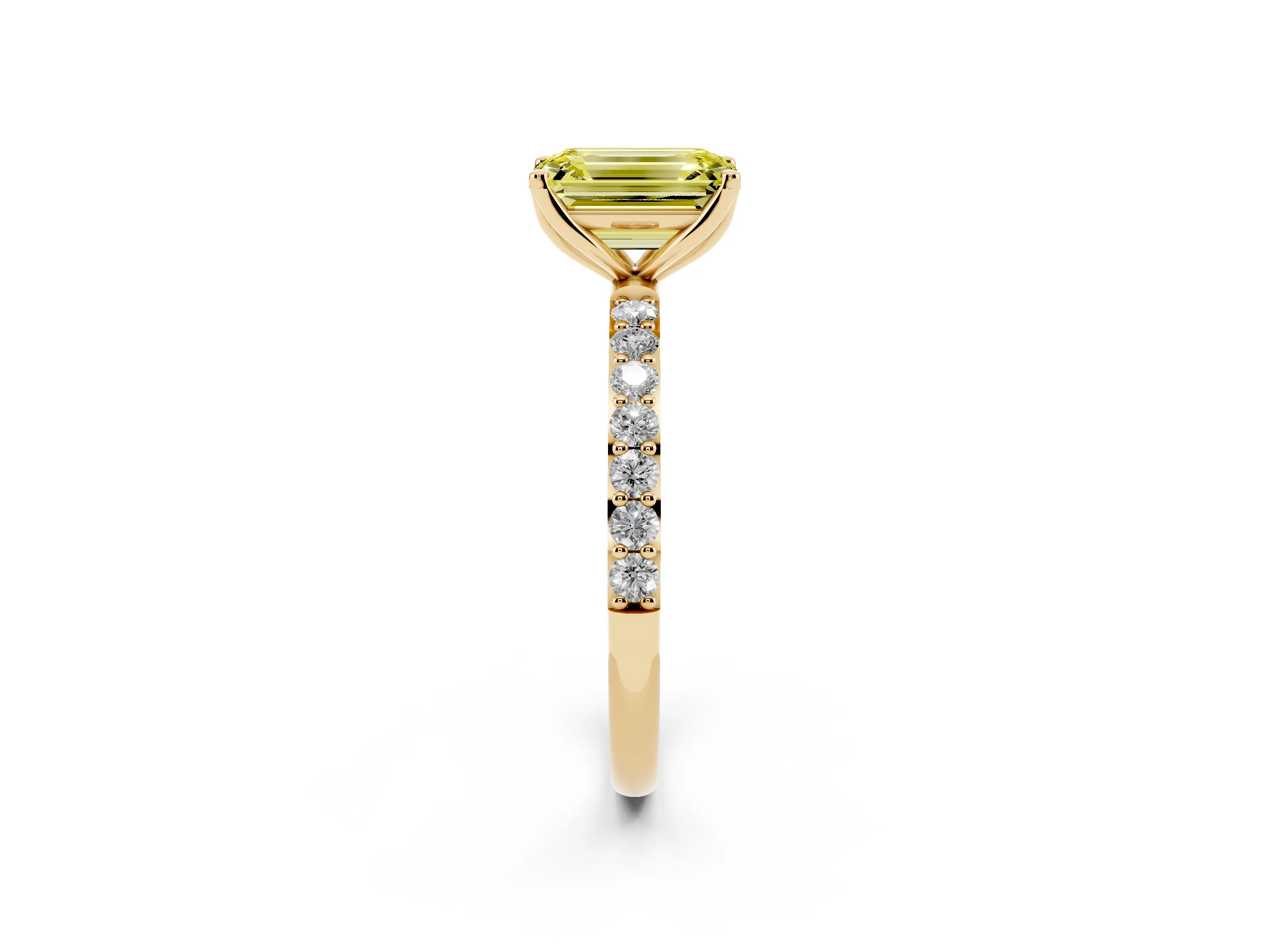 Fancy Yellow Emerald Cut Diamond Solitaire Engagement Ring Set in Yellow gold with Round Pavé Band and Prong Setting