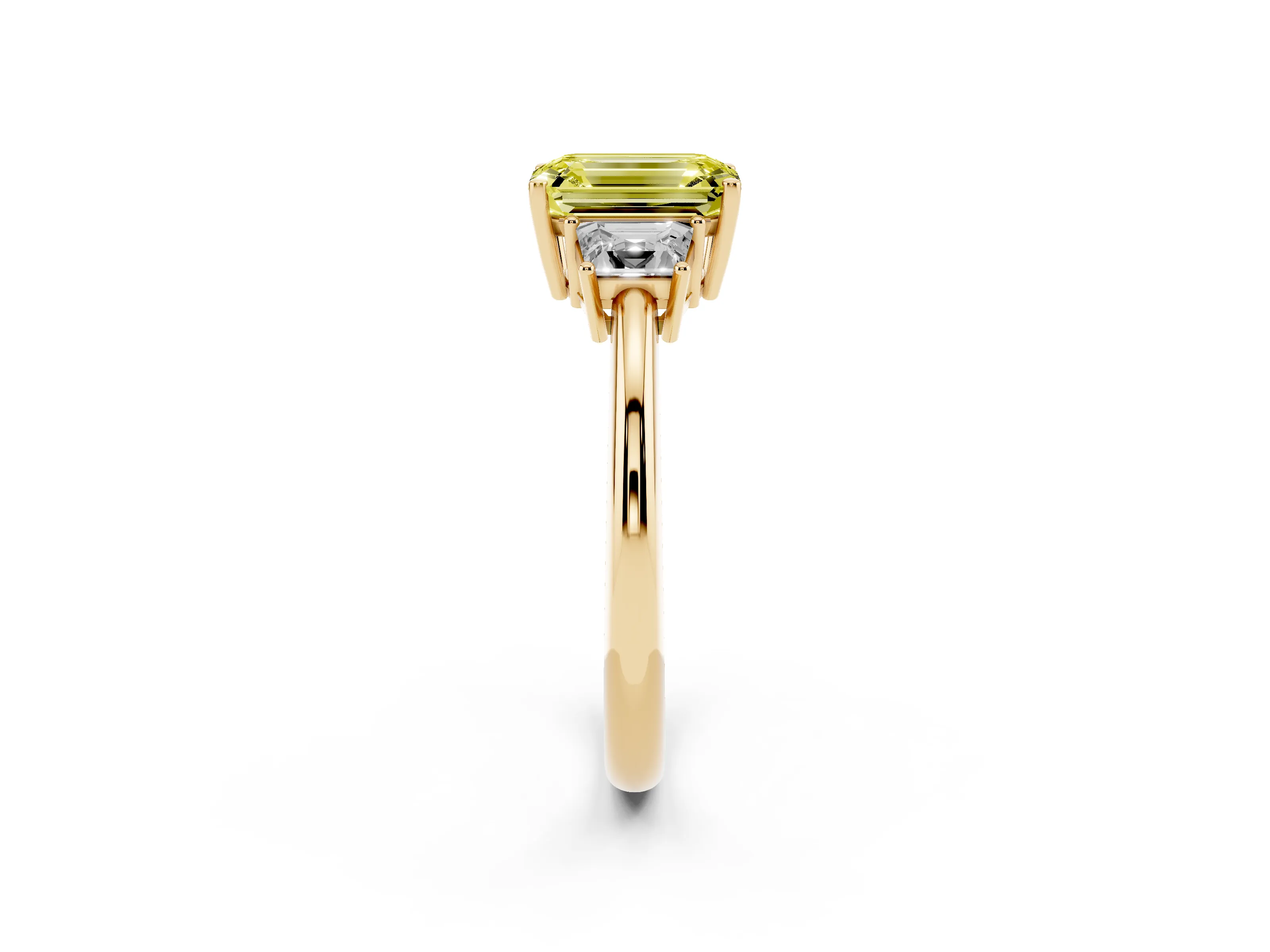 Fancy Yellow Emerald Cut Diamond Three-Stone Ring Set in Yellow gold with Trapezoid Side Stones and Prong Setting