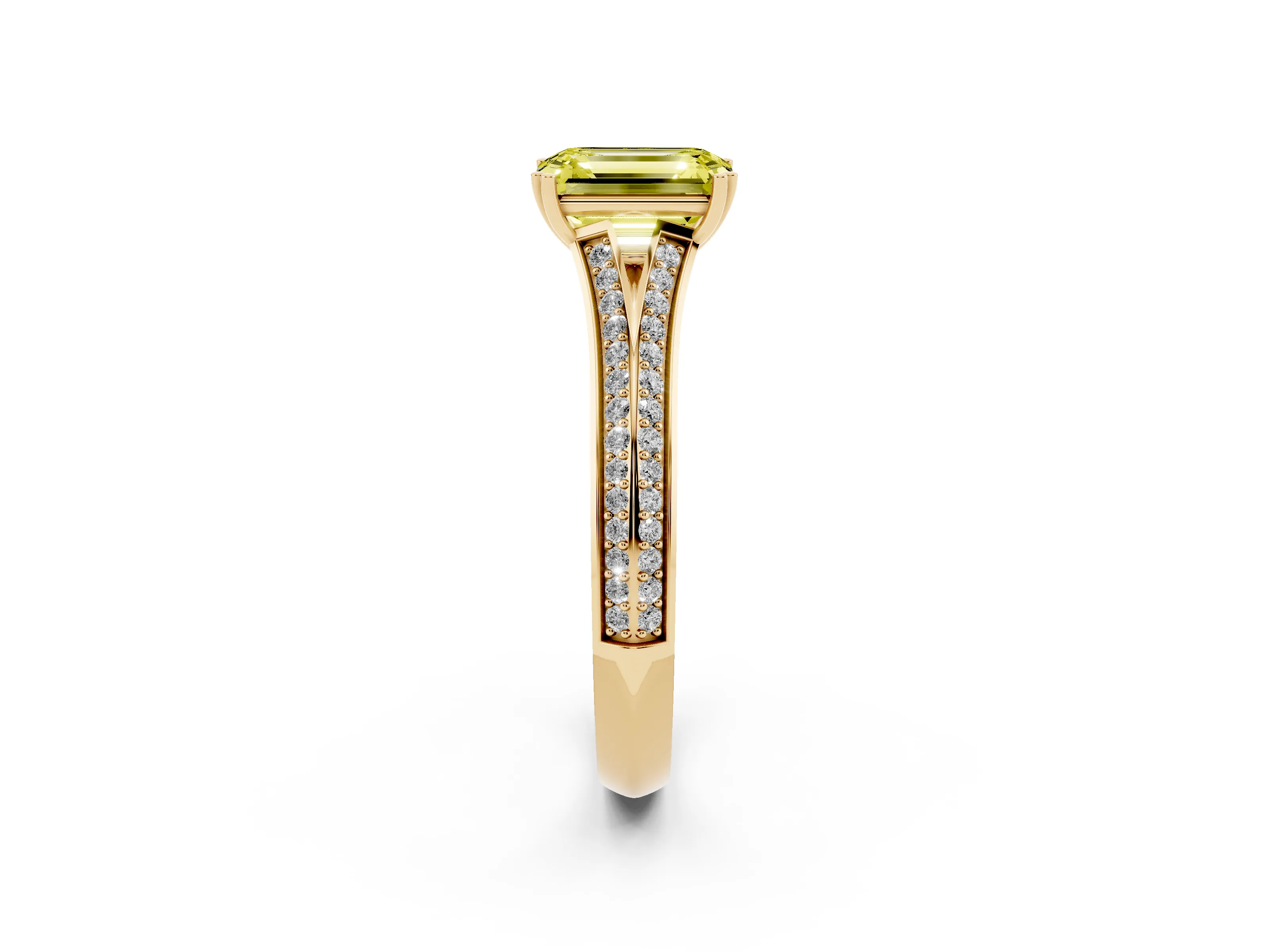 Fancy Yellow Emerald Cut Diamond Split Shank Pavé Engagement Ring Set in Yellow gold with Prong-Set Center Stone
