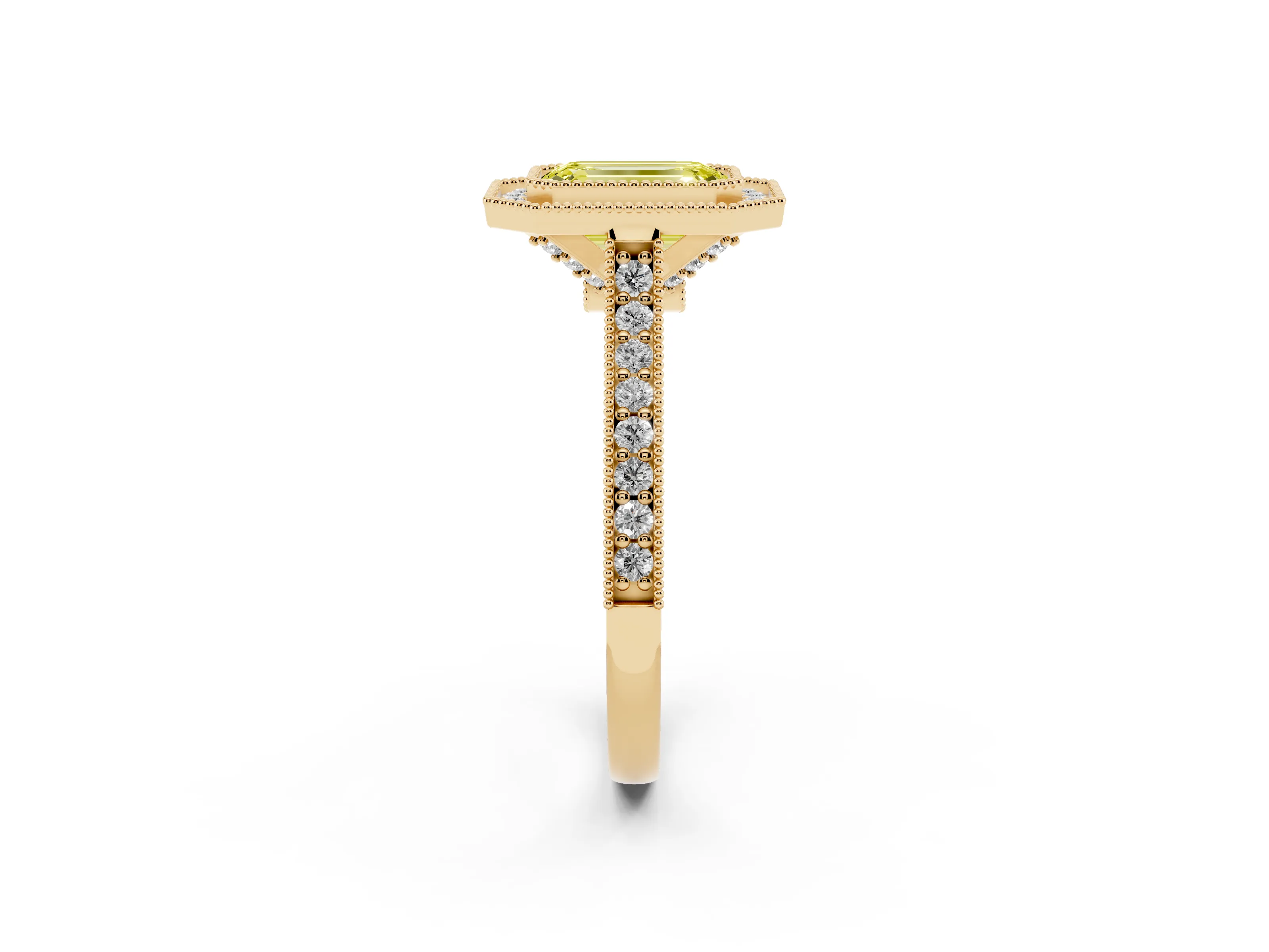Fancy Yellow Emerald Cut Diamond Halo Milgrain Pavé Band Ring Set in Yellow gold with Prong Setting