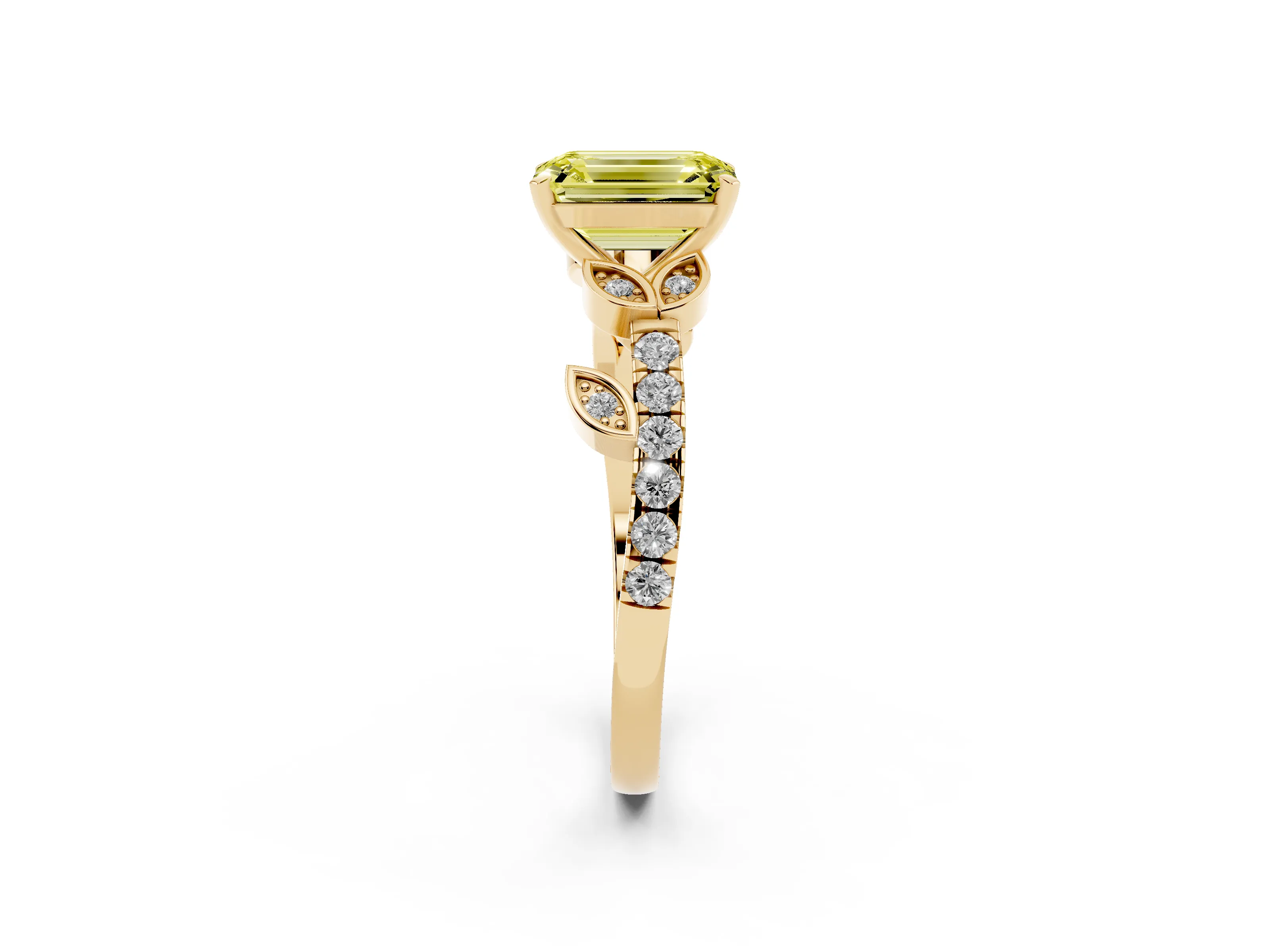 Fancy Yellow Emerald Cut Diamond Solitaire Leaf-Inspired Ring Set in Yellow gold with Pavé Band and Prong Setting