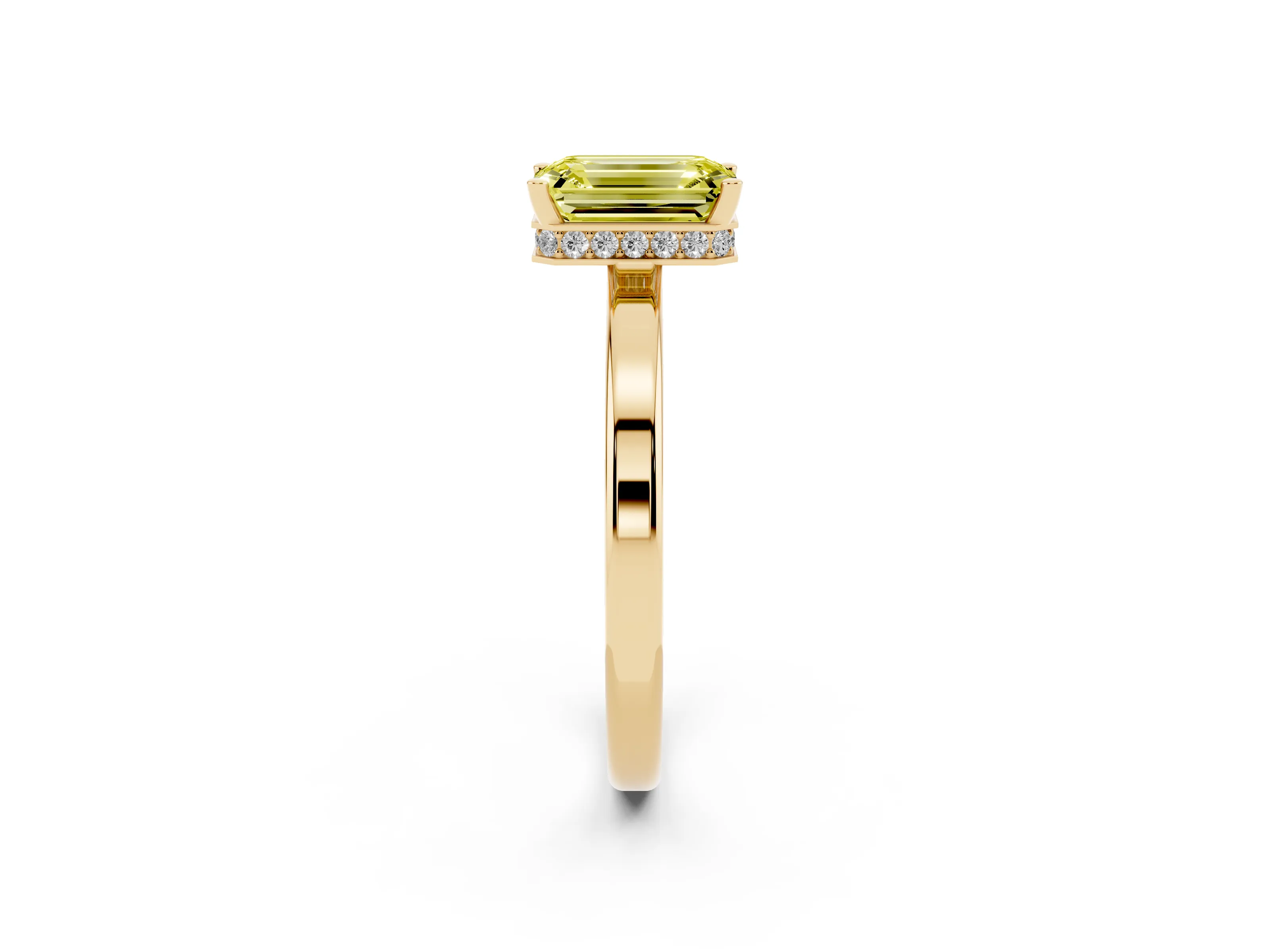 Fancy Yellow Emerald Cut Diamond Solitaire Engagement Ring Set in Yellow gold with Prong Setting on a Plain Band