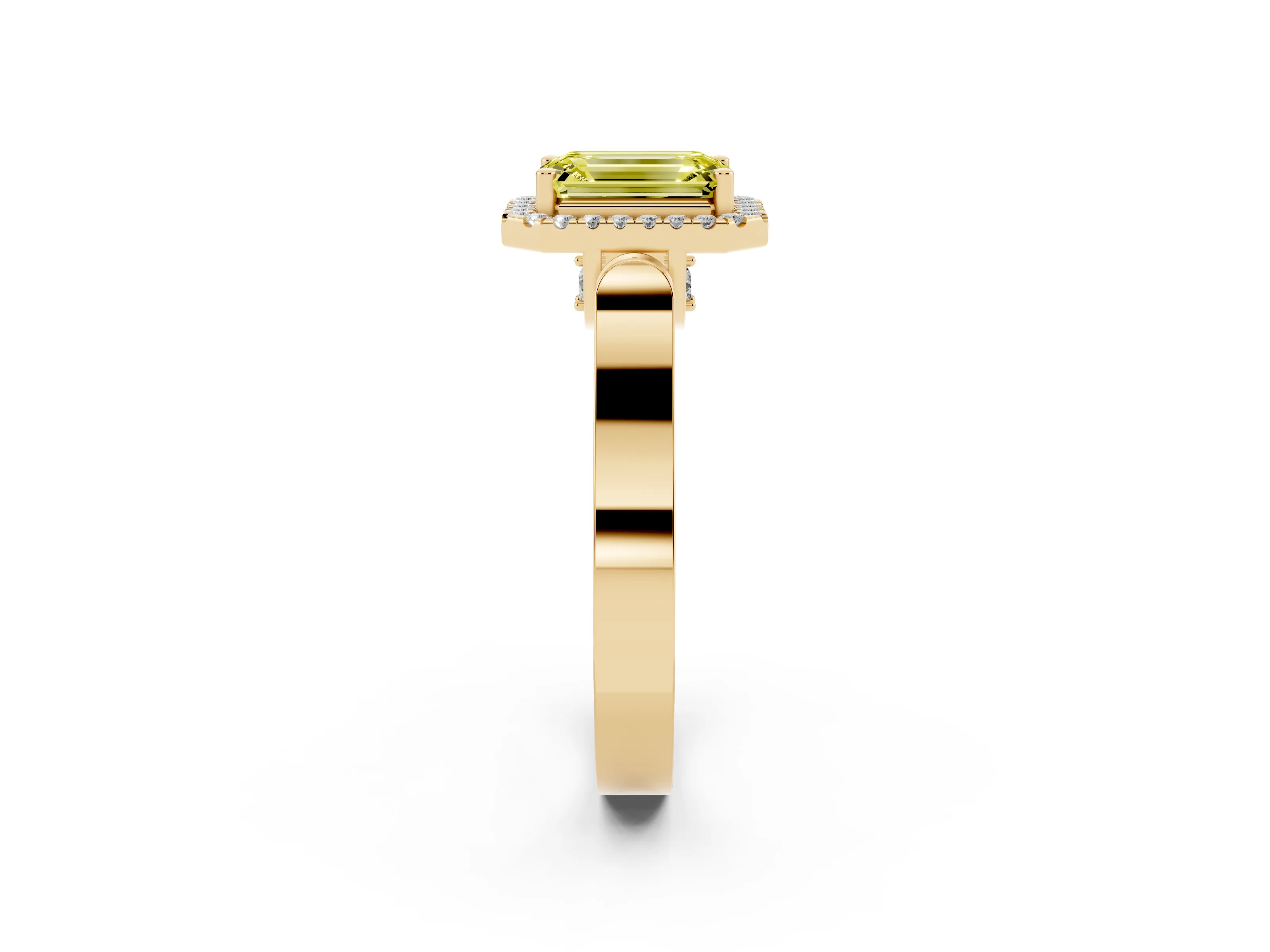 Fancy Yellow Emerald Cut Diamond Halo Ring Set in Yellow gold with Pavé-Lined Split Shank Band