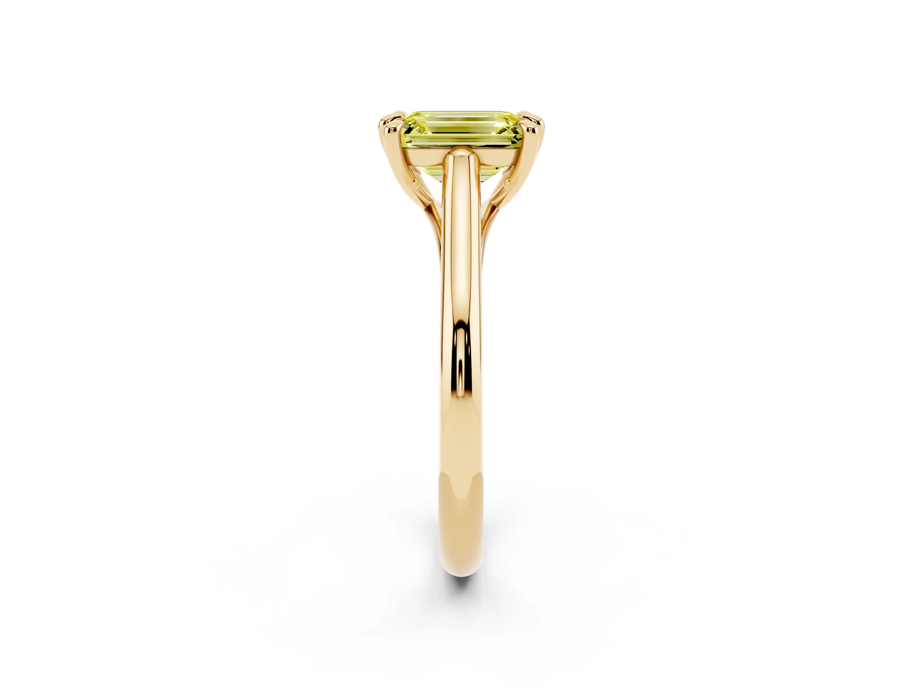 Fancy Yellow Emerald Cut Diamond Solitaire Engagement Ring Set in Yellow gold with Prong Setting and Plain Classic Band