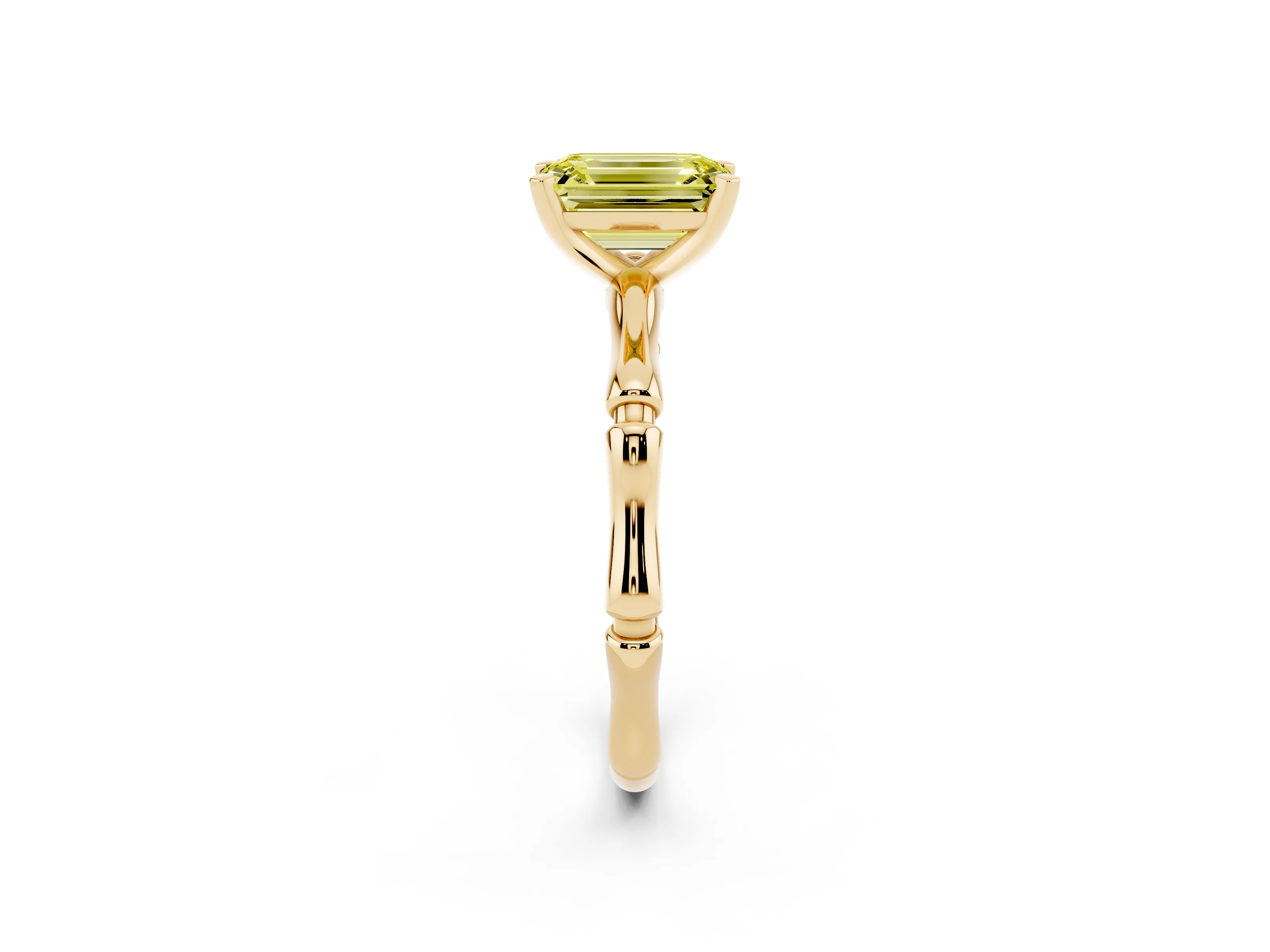 Fancy Yellow Emerald Cut Diamond Solitaire Ring Set in Yellow gold with Bamboo Band and Prong Setting