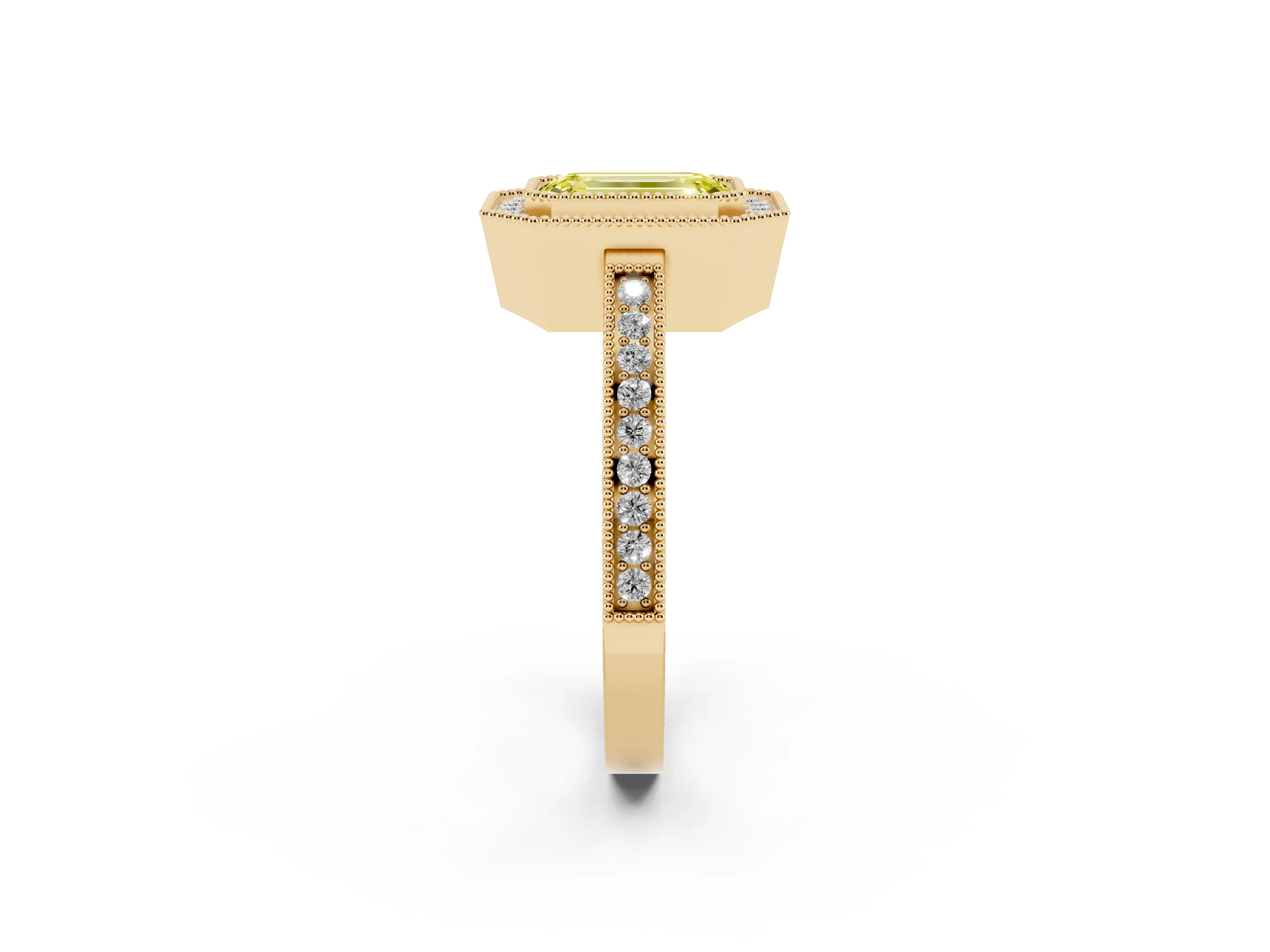 Fancy Yellow Emerald Cut Diamond Halo Ring Set in Yellow gold with Pavé Band and Milgrain-Edged Prongs