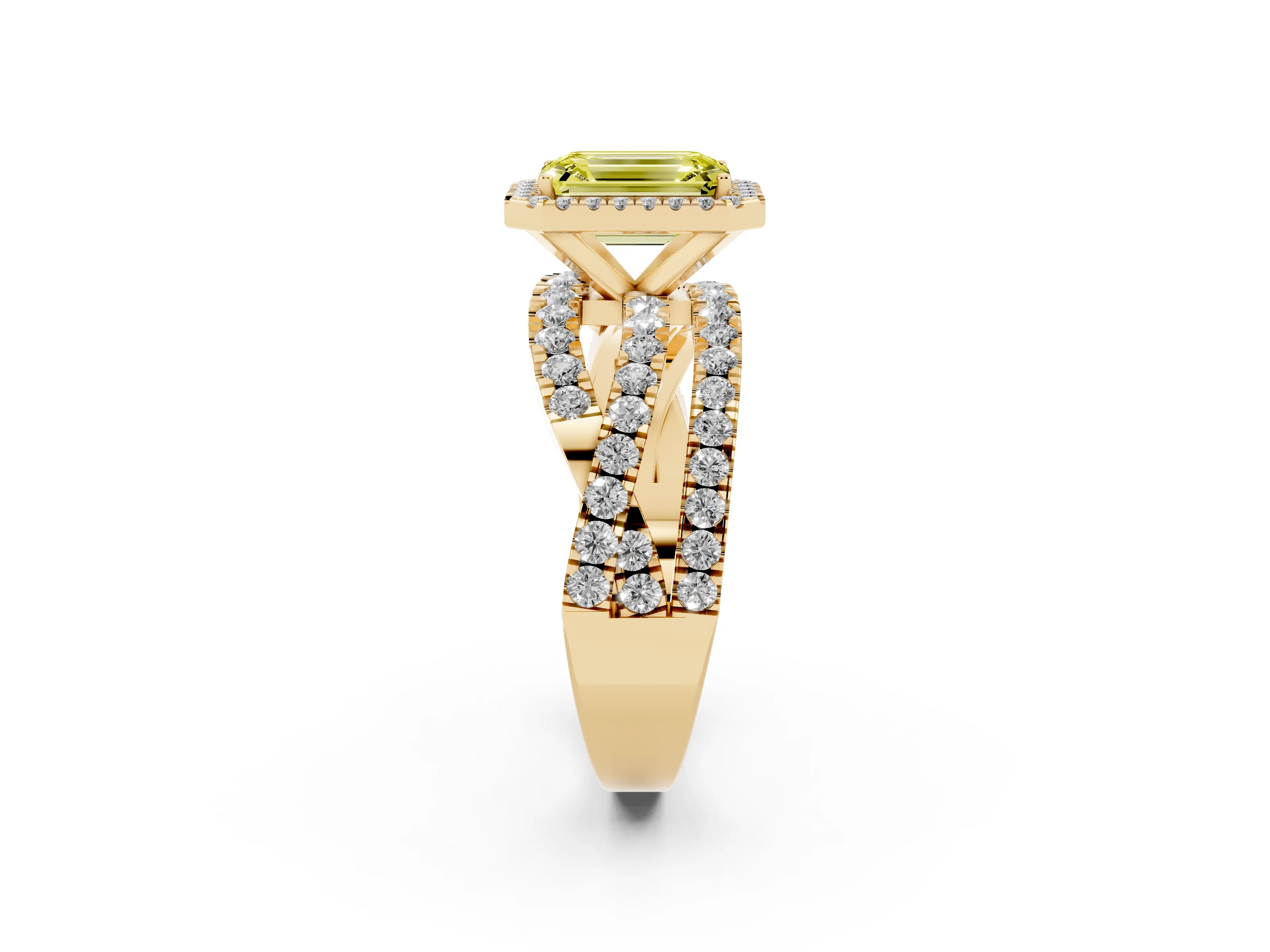 Fancy Yellow Emerald Cut Diamond Halo Ring Set in Yellow gold with Round Crossover Split Shank and Prong Setting