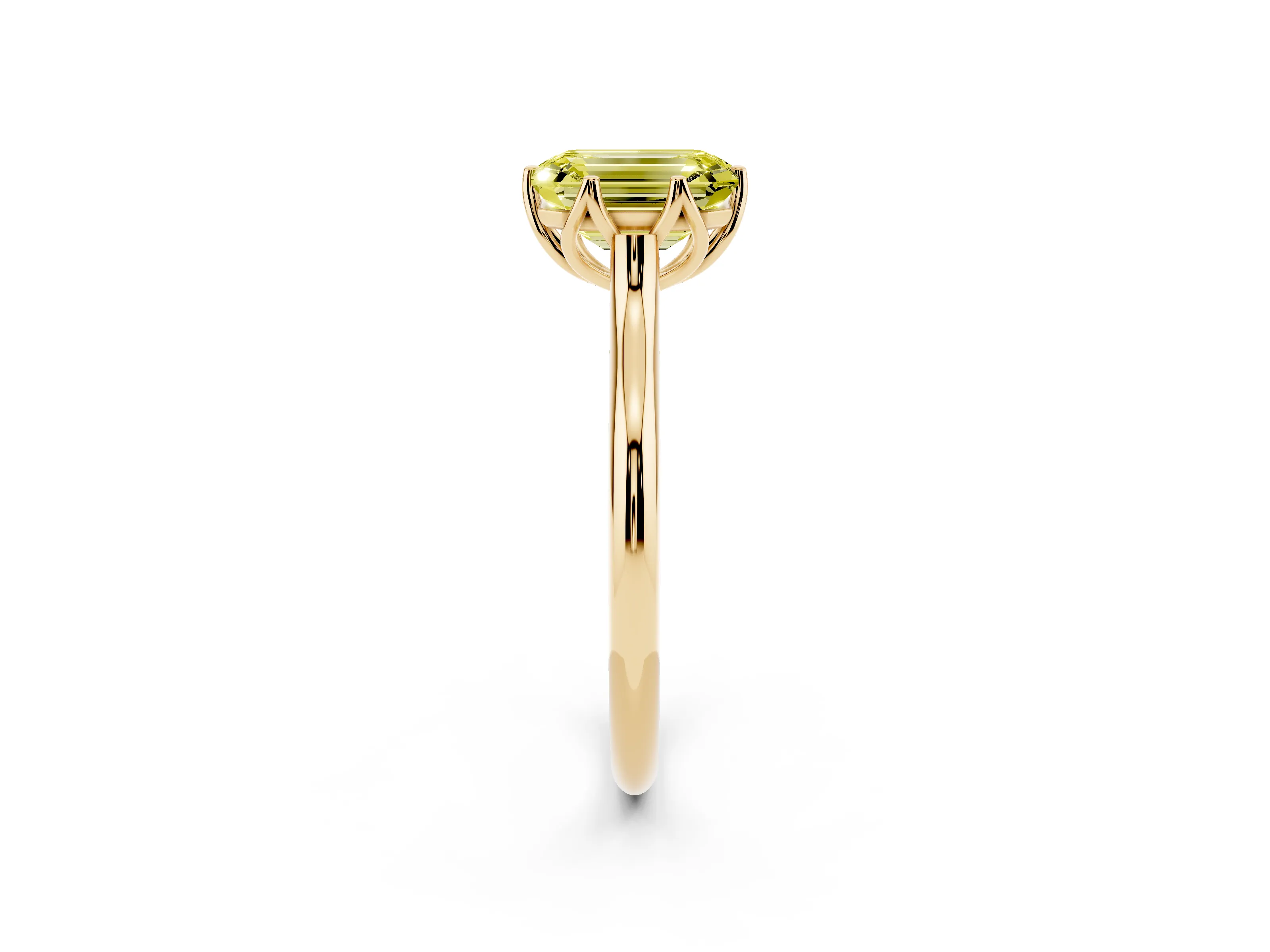 Fancy Yellow Emerald Cut Diamond Solitaire Cathedral Ring Set in Yellow gold with Prong Setting