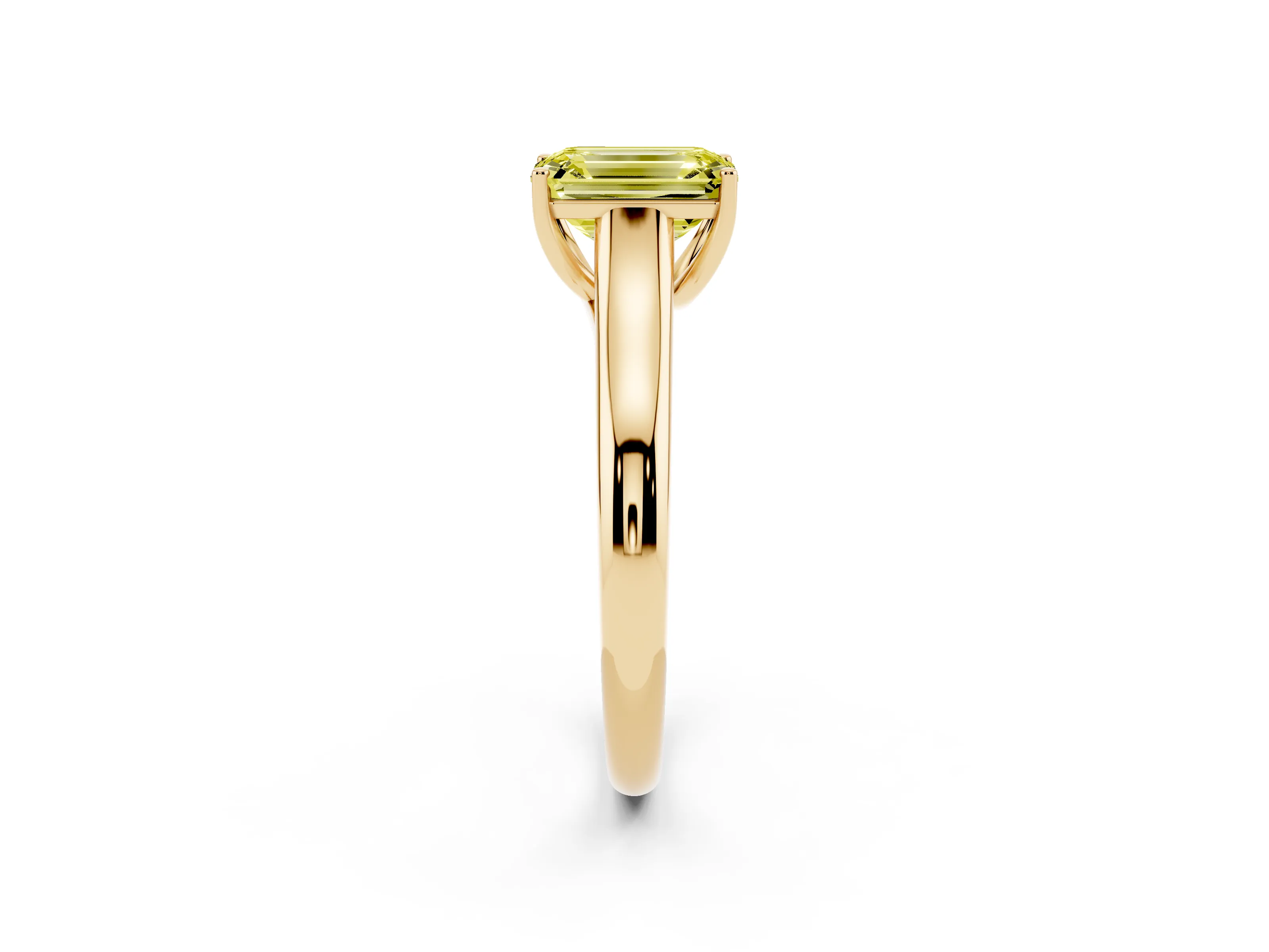 Fancy Yellow Emerald Cut Diamond Solitaire Engagement Ring Set in Yellow gold with Subtly Tapered Band and Prong Setting