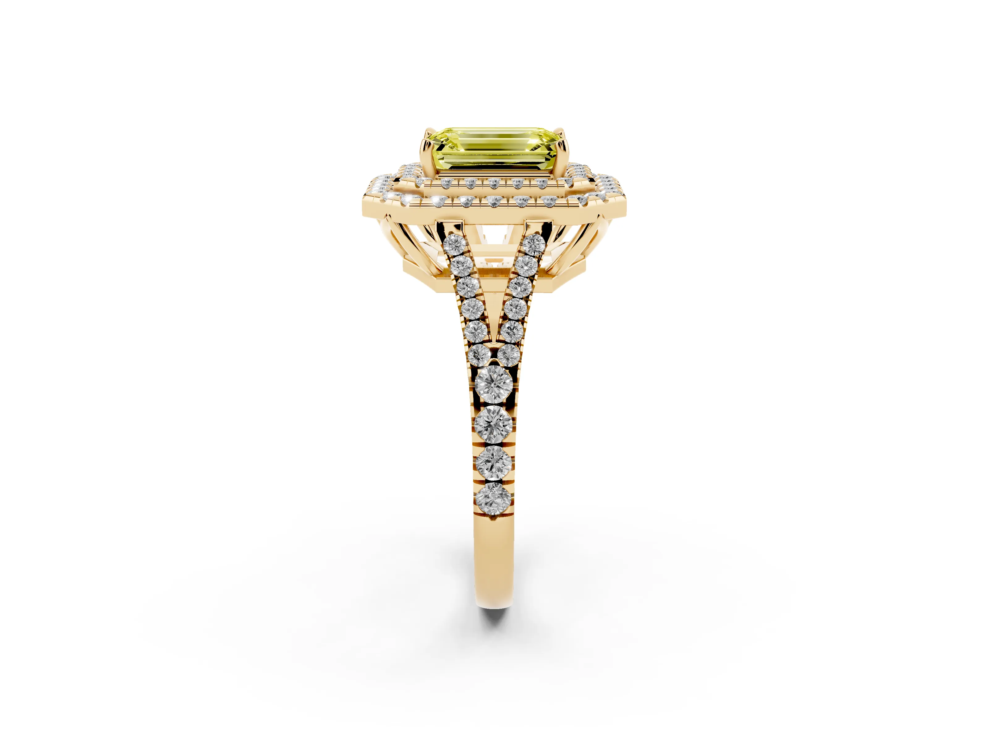 Fancy Yellow Emerald Cut Diamond Double Halo Ring Set in Yellow gold with Pavé Band