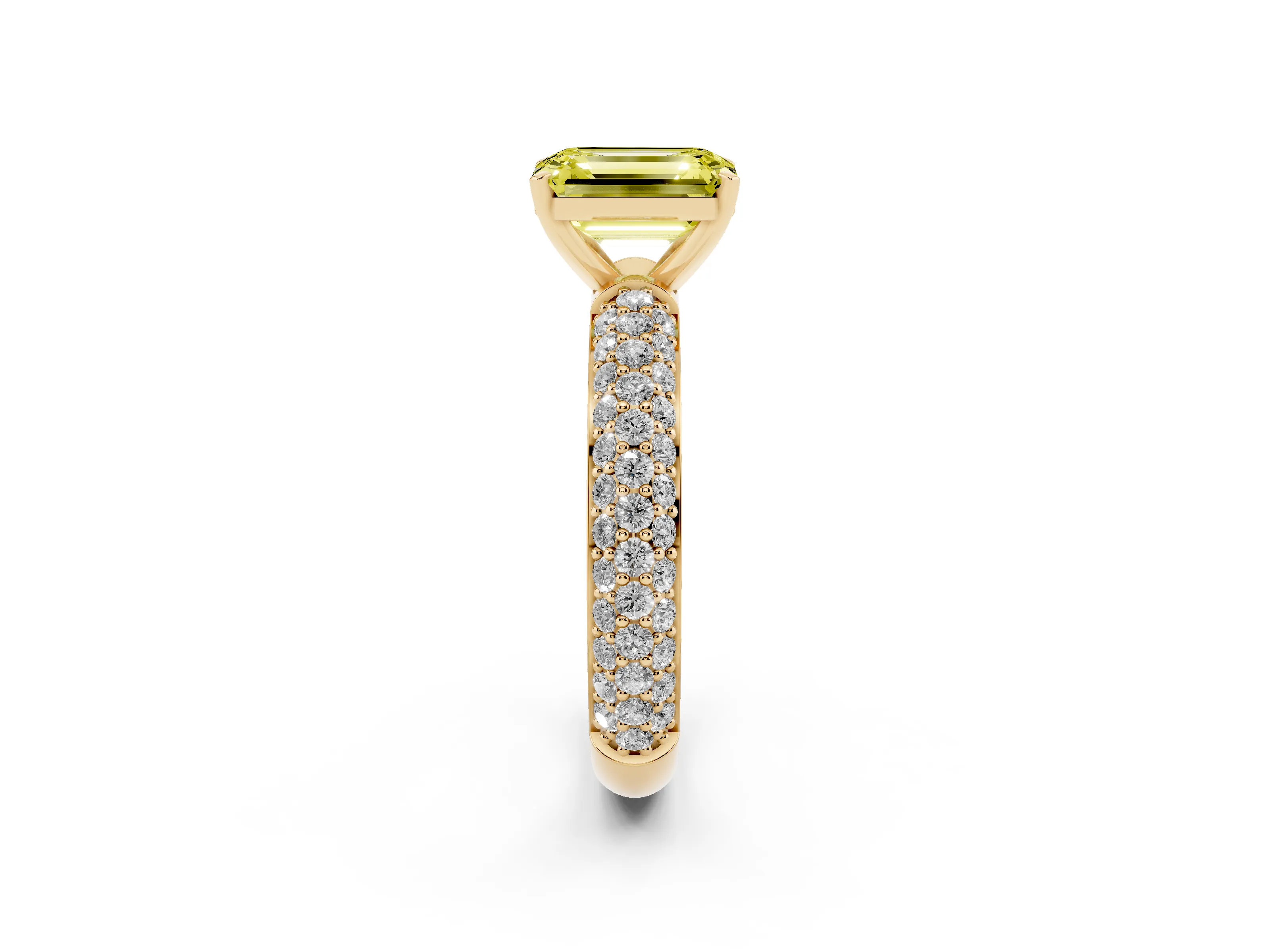 Fancy Yellow Emerald Cut Diamond Solitaire Ring Set in Yellow gold with Prong Setting and Pavé-Set Band