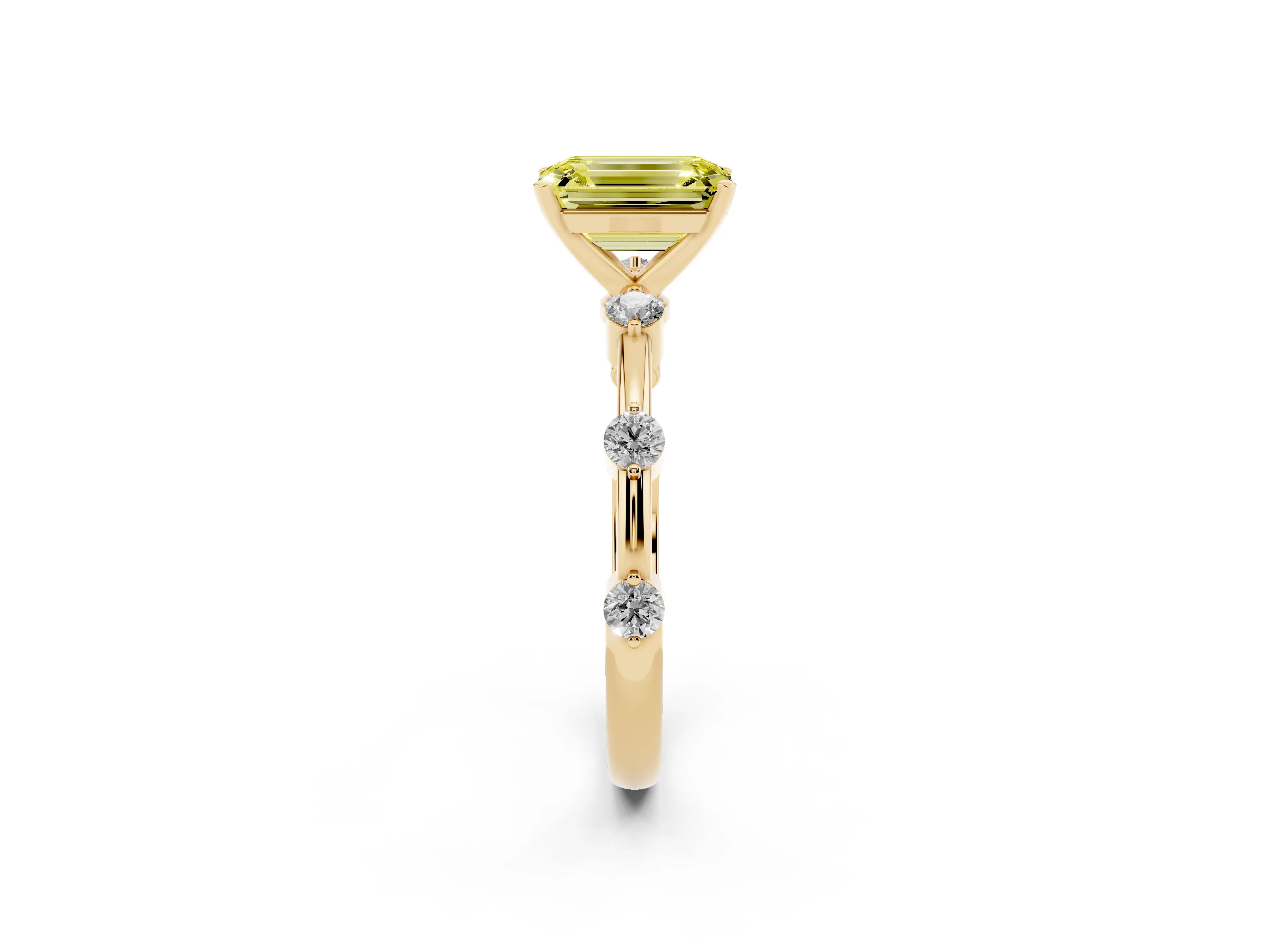 Fancy Yellow Emerald Cut Diamond Solitaire Ring Set in Yellow gold with Bezel Set Side Stones and Prong Setting