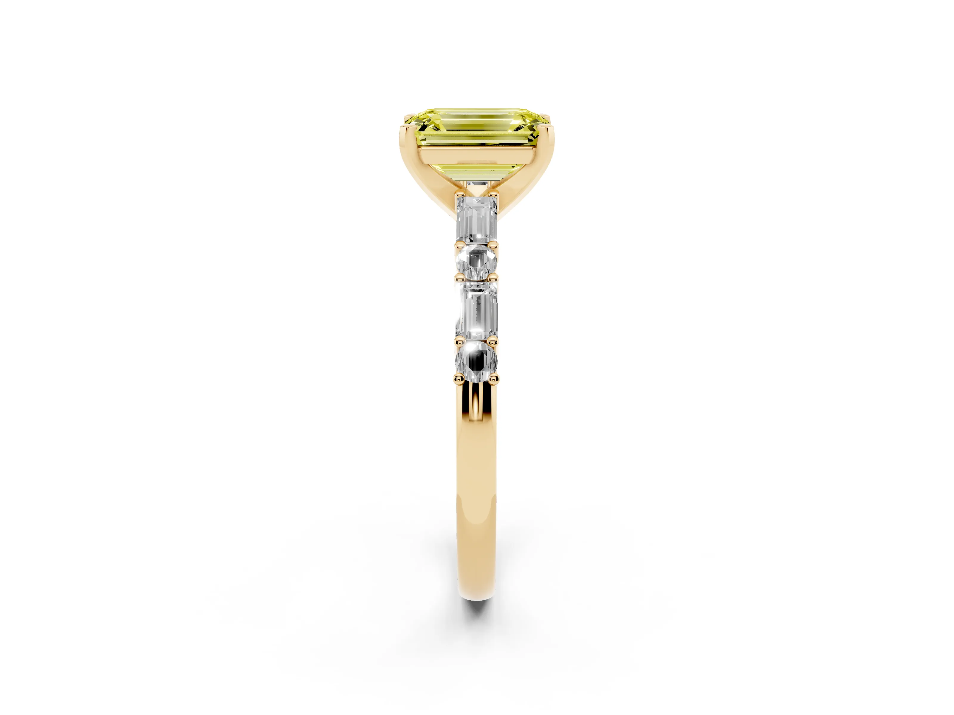 Fancy Yellow Emerald Cut Diamond Solitaire Set in Yellow gold with Side Baguettes and Channel Set Band