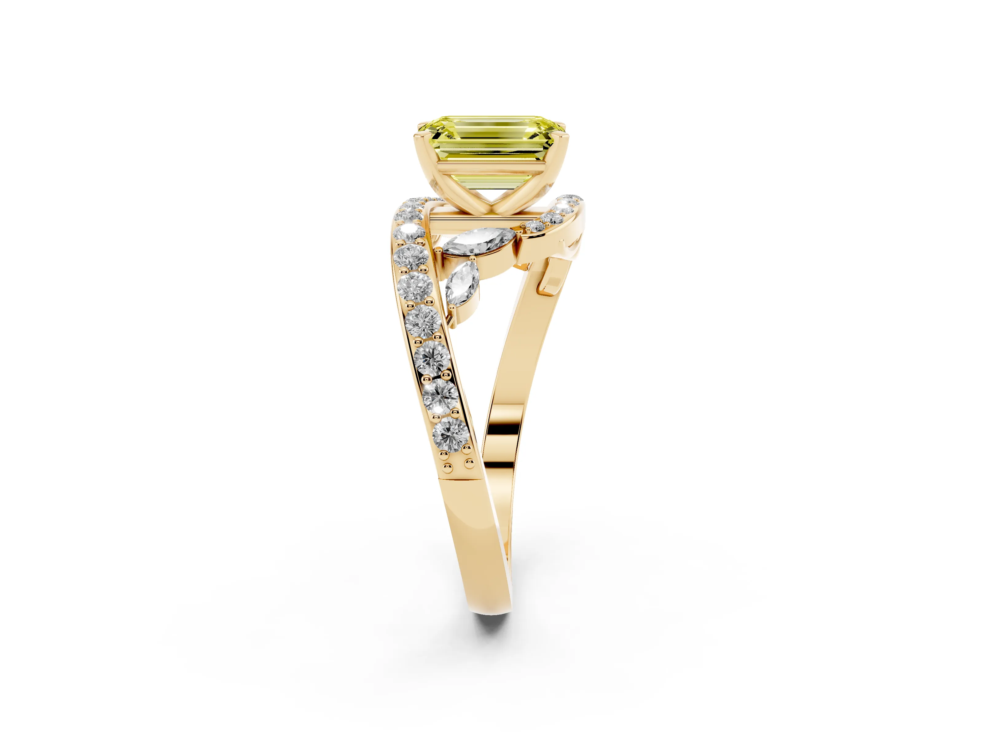 Fancy Yellow Emerald Cut Diamond Solitaire Ring Set in Yellow gold with Pavé Twist Band and Secure Prong Setting
