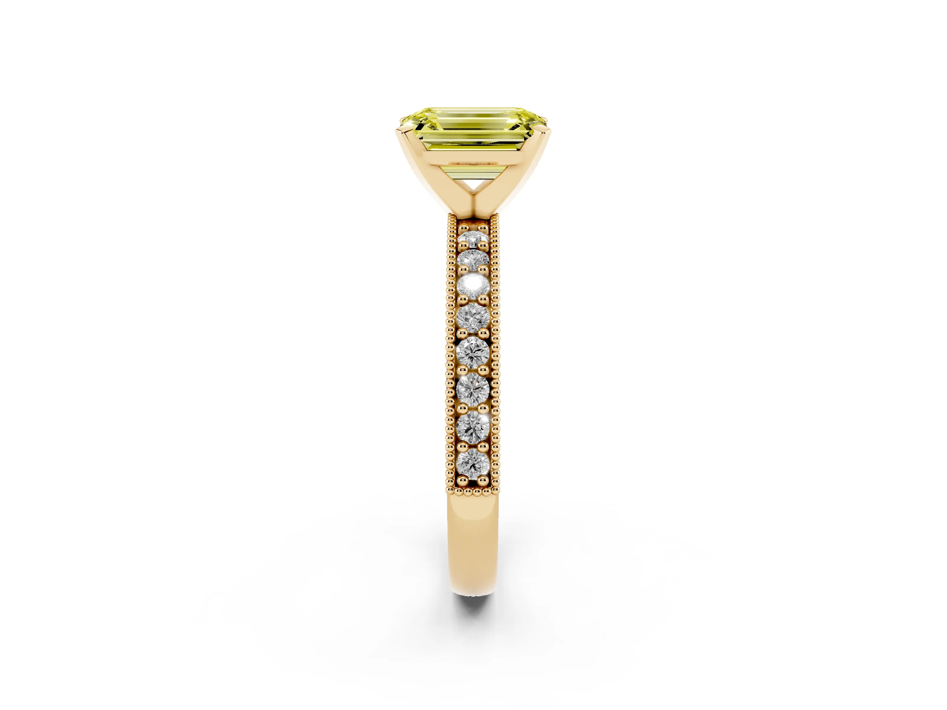 Fancy Yellow Emerald Cut Diamond Milgrain Pavé Engagement Ring Set in Yellow gold with Prong Setting