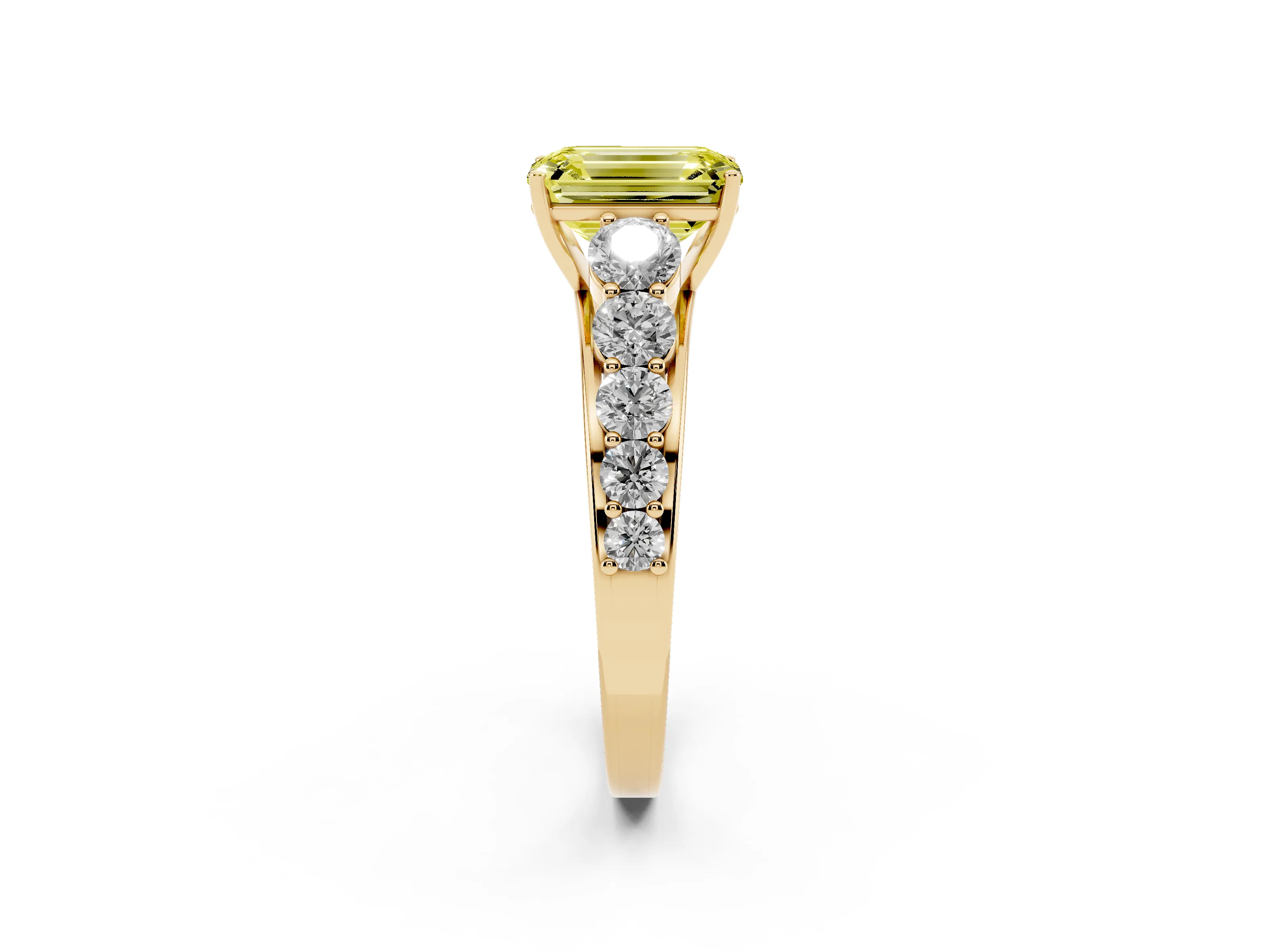 Fancy Yellow Emerald Cut Diamond Solitaire Ring Set in Yellow gold with Pavé-Set Band and Prong Setting