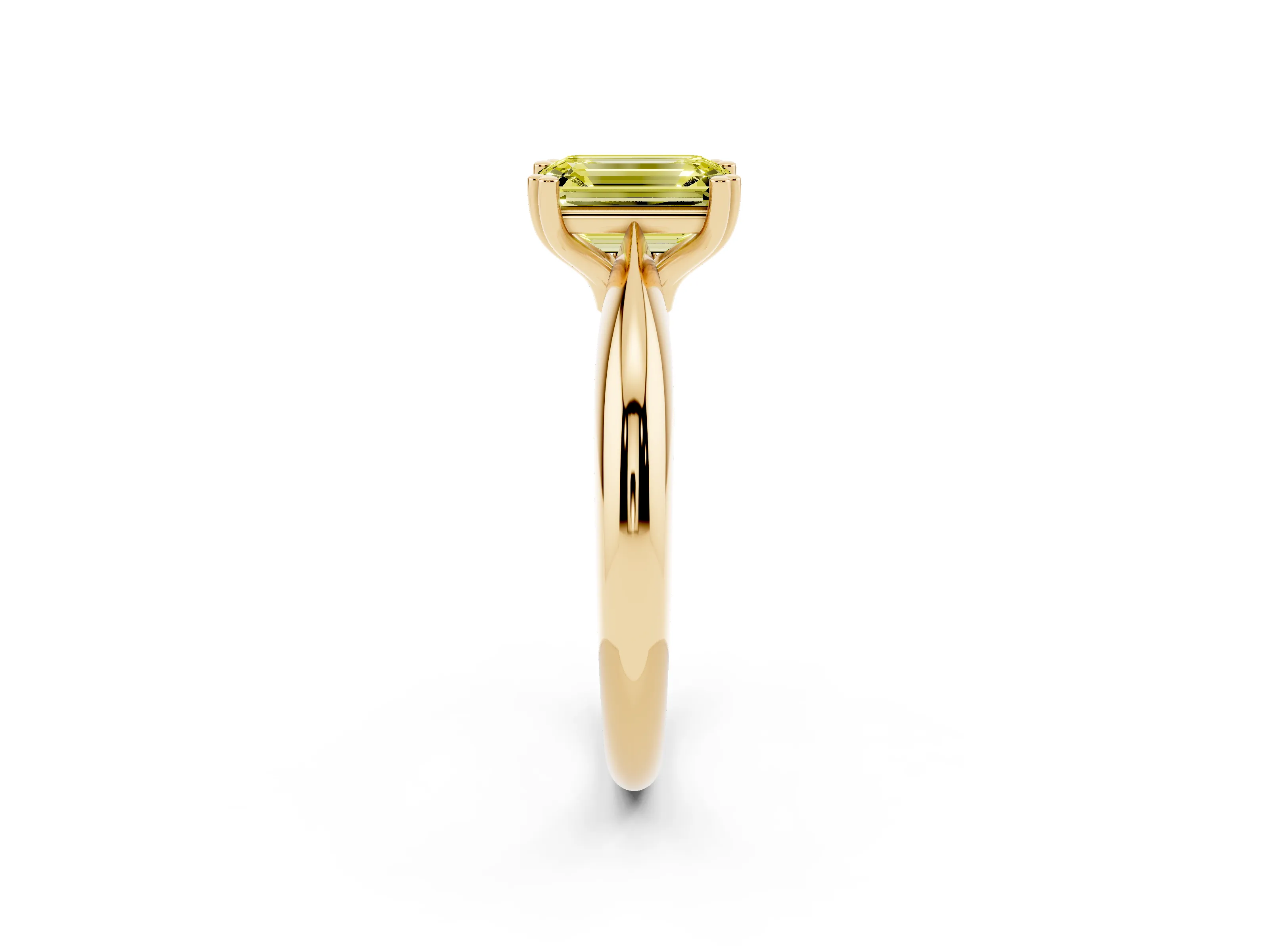 Fancy Yellow Emerald Cut Diamond Solitaire Engagement Ring Set in Yellow gold with Tapered Band and Prong Setting