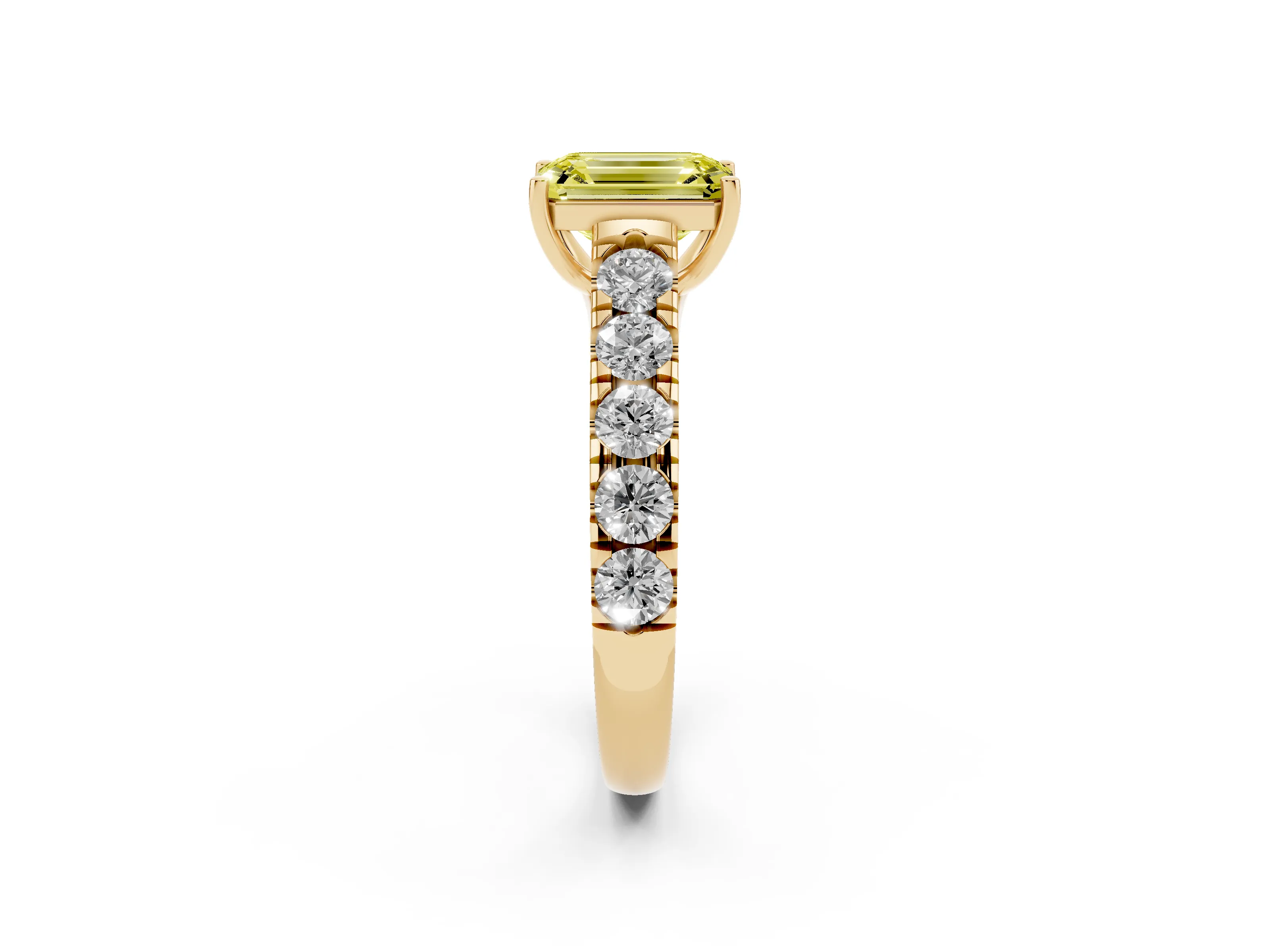 Fancy Yellow Emerald Cut Diamond Solitaire Ring Set in Yellow gold with Cut-Down Micro Pavé Band and Prong Setting