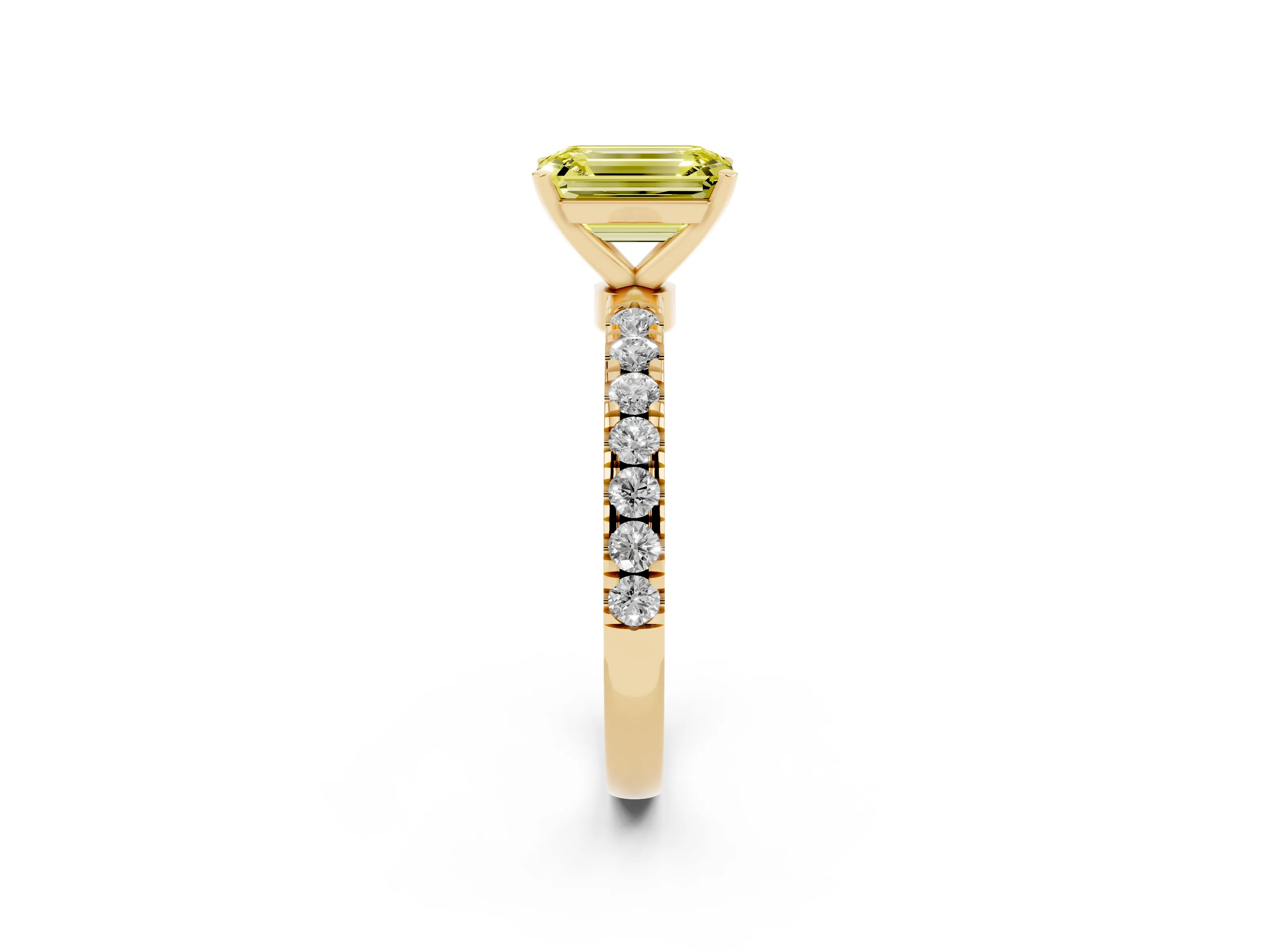Fancy Yellow Emerald Cut Diamond Solitaire Ring Set in Yellow gold with Pavé Accents and Prong Setting