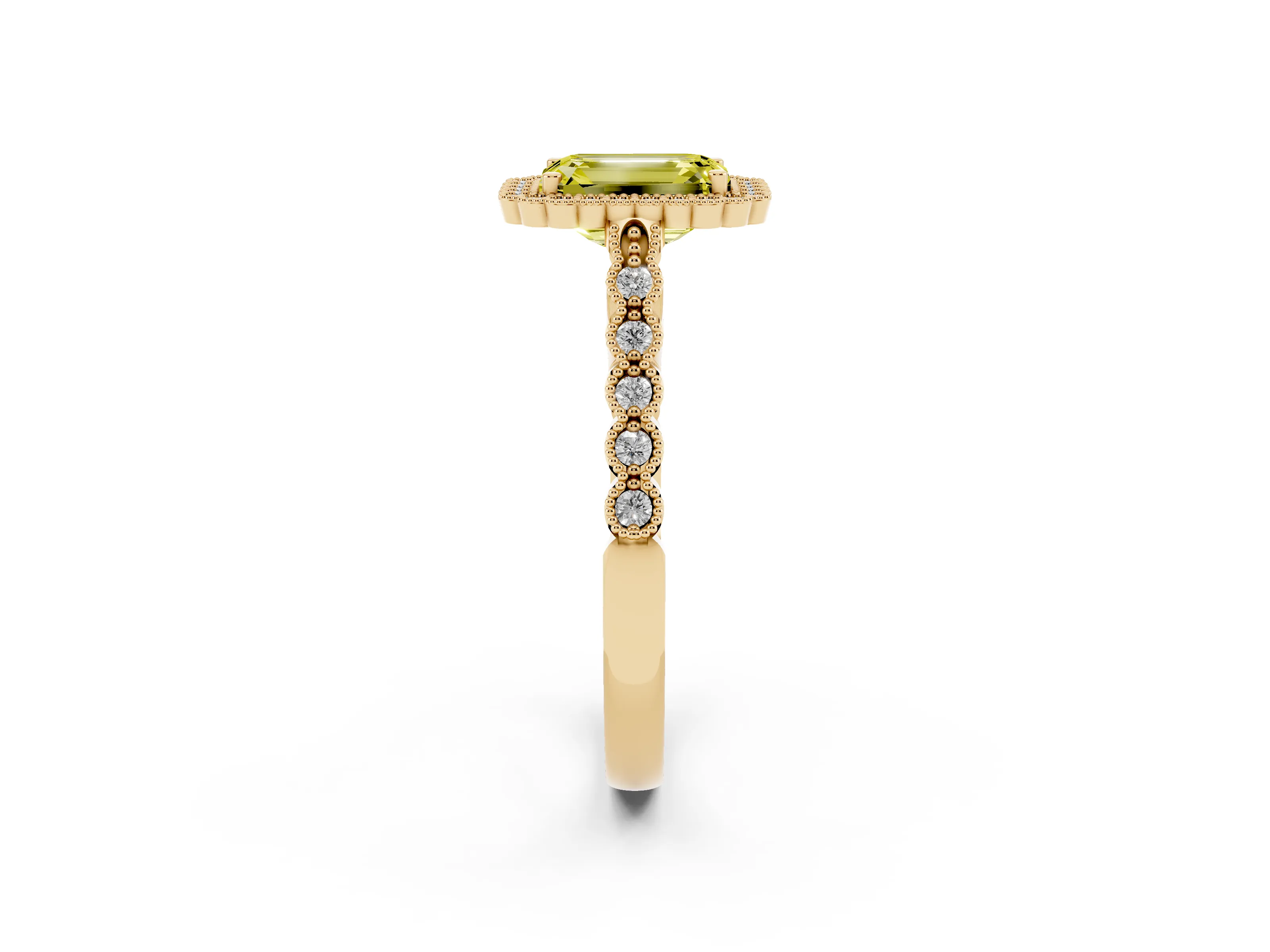 Fancy Yellow Emerald Cut Diamond Halo Ring Set in Yellow gold with Pavé Milgrain Band