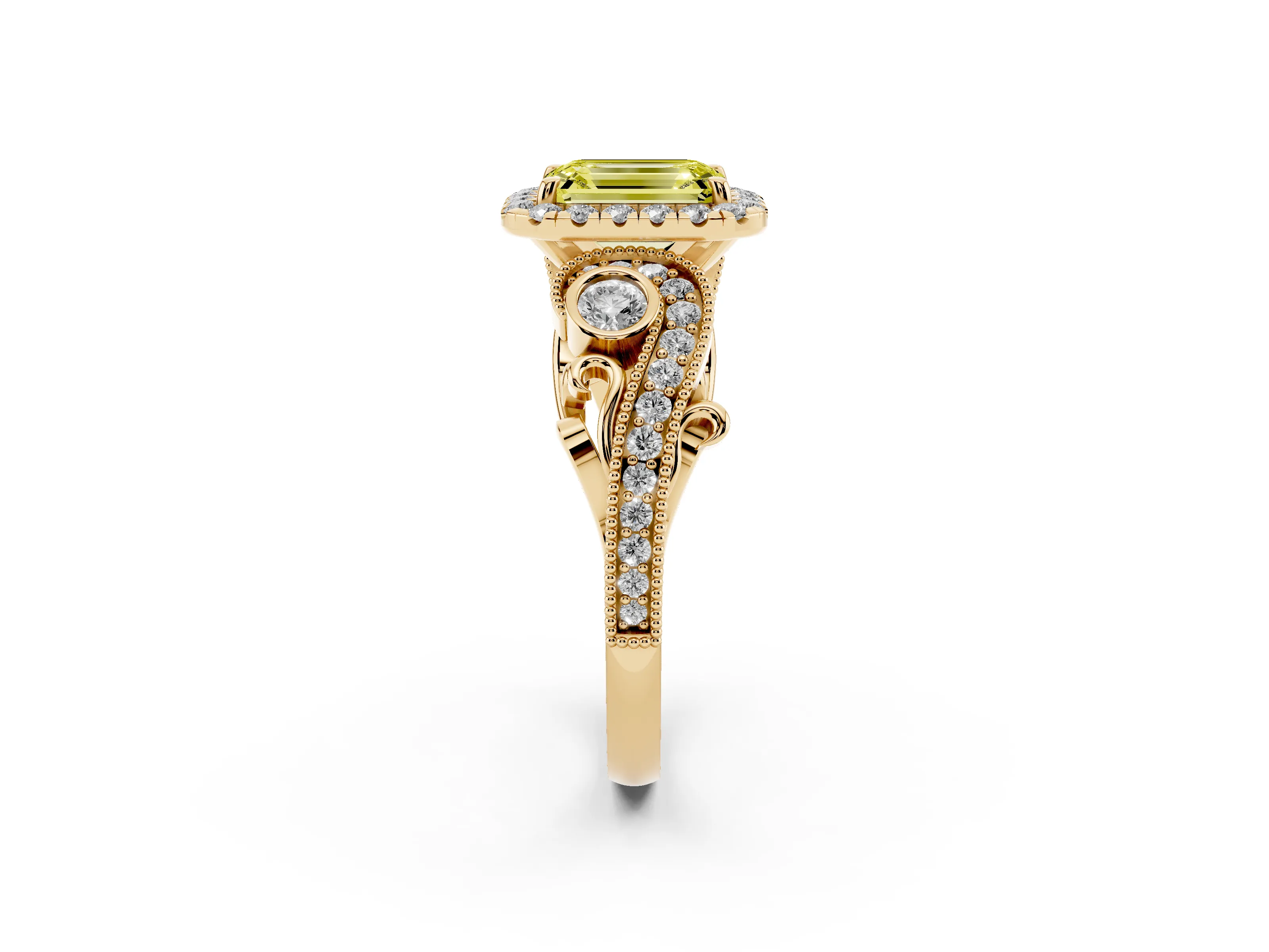 Fancy Yellow Emerald Cut Diamond Halo Ring Set in Yellow gold with Milgrain Pavé Band and Prong Setting