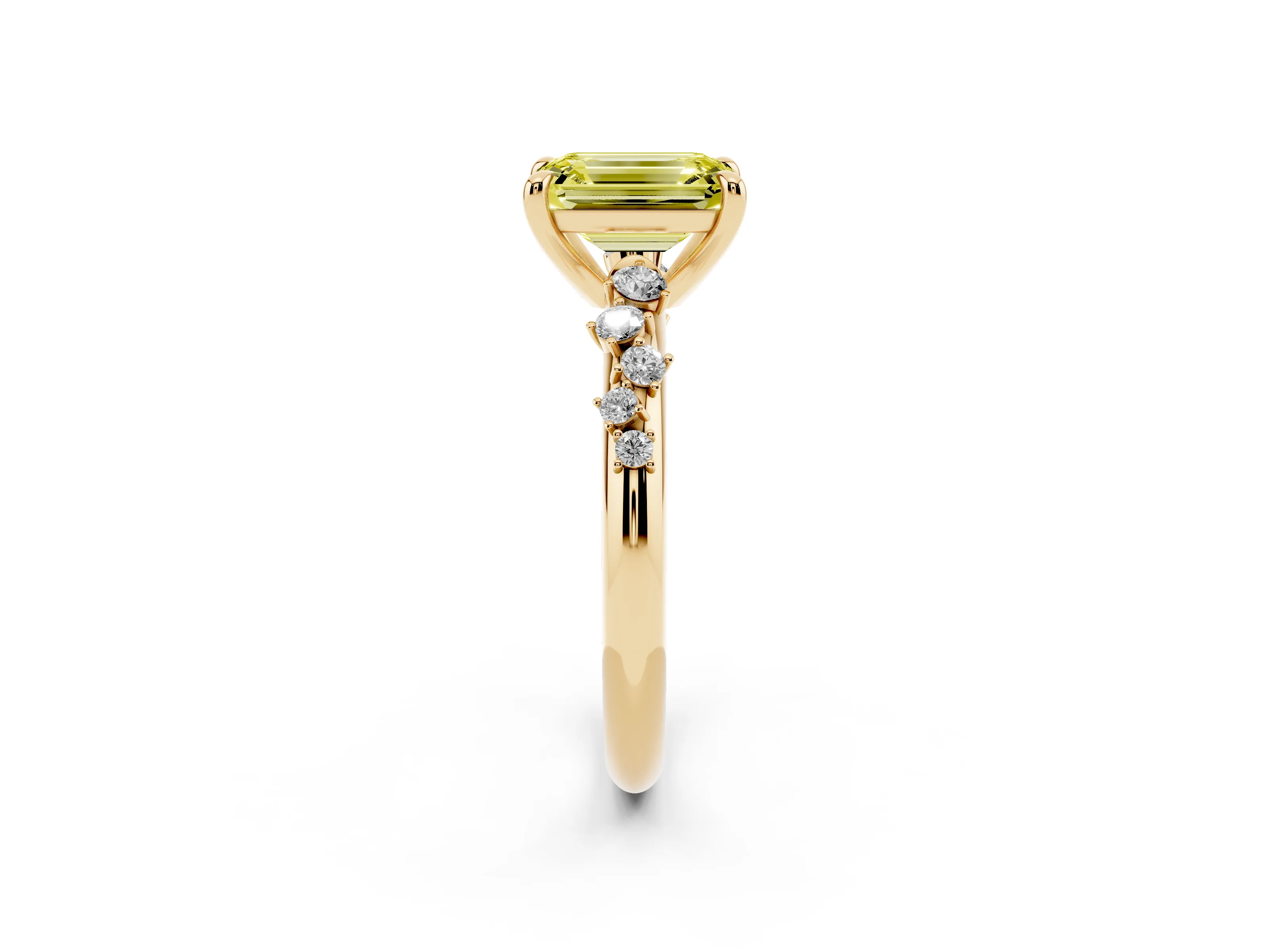 Fancy Yellow Emerald Cut Diamond Solitaire Vine Band Ring Set in Yellow gold with Round Accents and Prong Setting