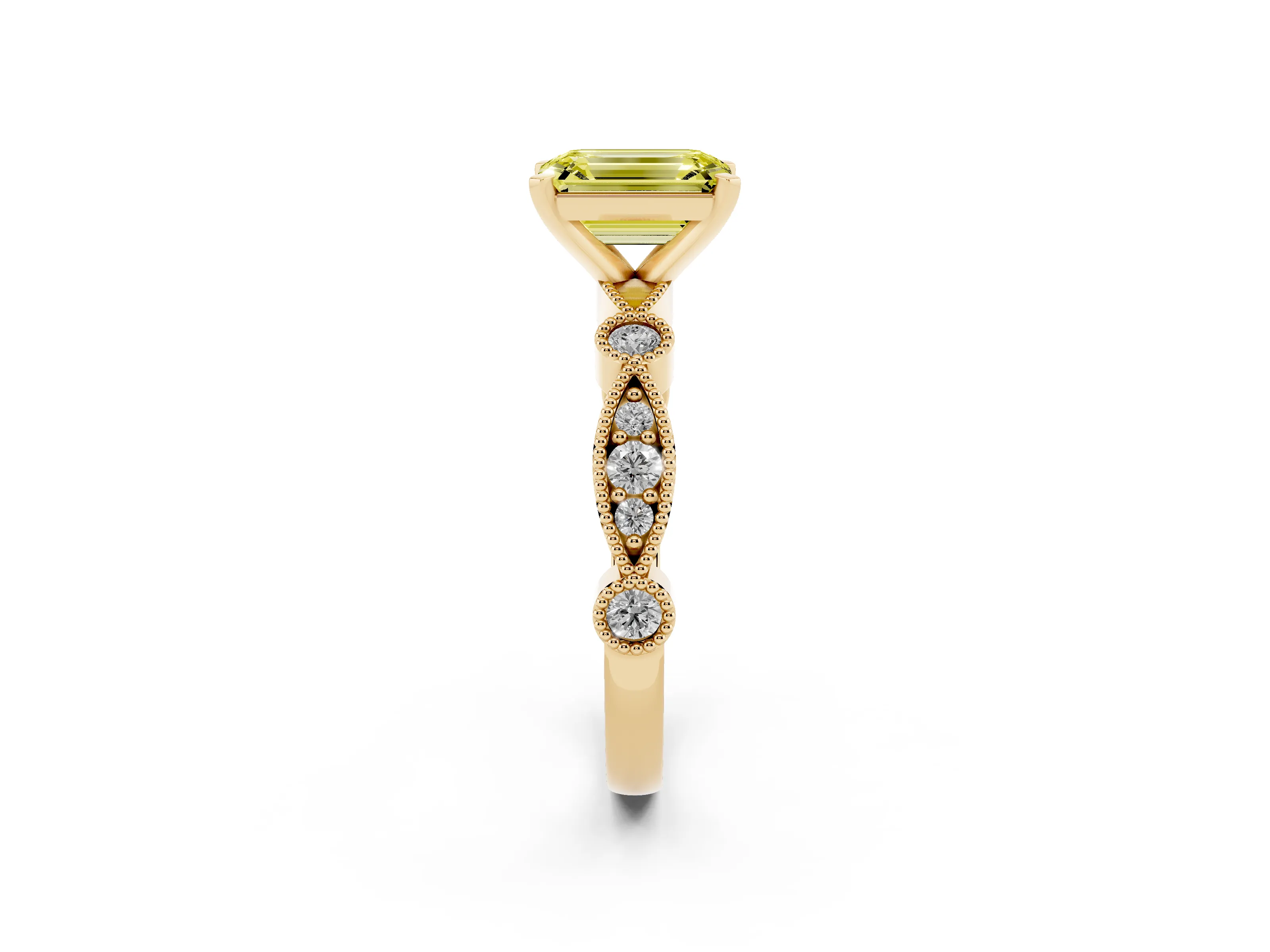 Fancy Yellow Emerald Cut Diamond Solitaire Engagement Ring Set in Yellow gold with Milgrain Bezel Accent Band