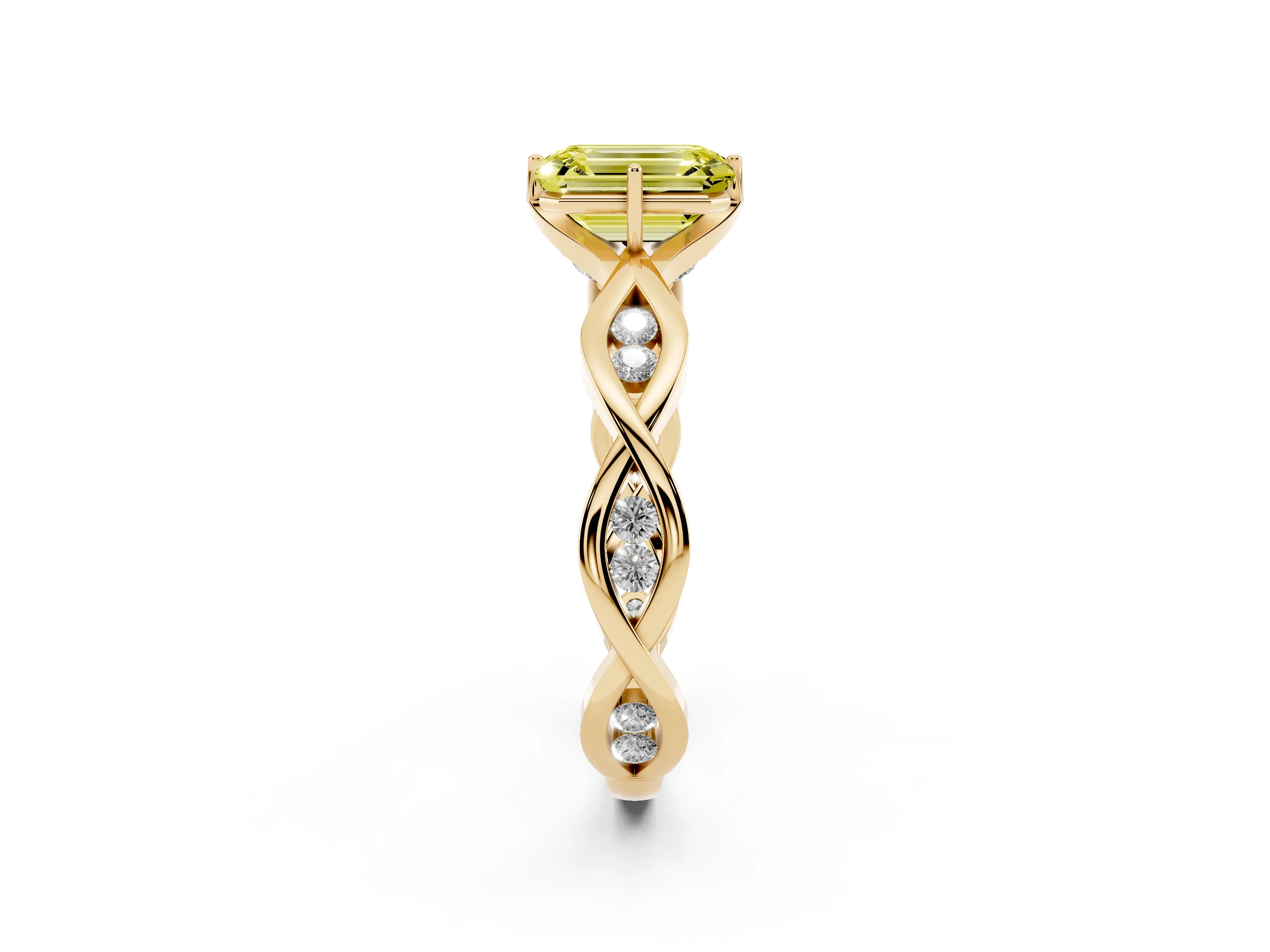 Fancy Yellow Emerald Cut Diamond Twist Band Solitaire Ring Set in Yellow gold with Leaf Prong Setting and Accent Stones