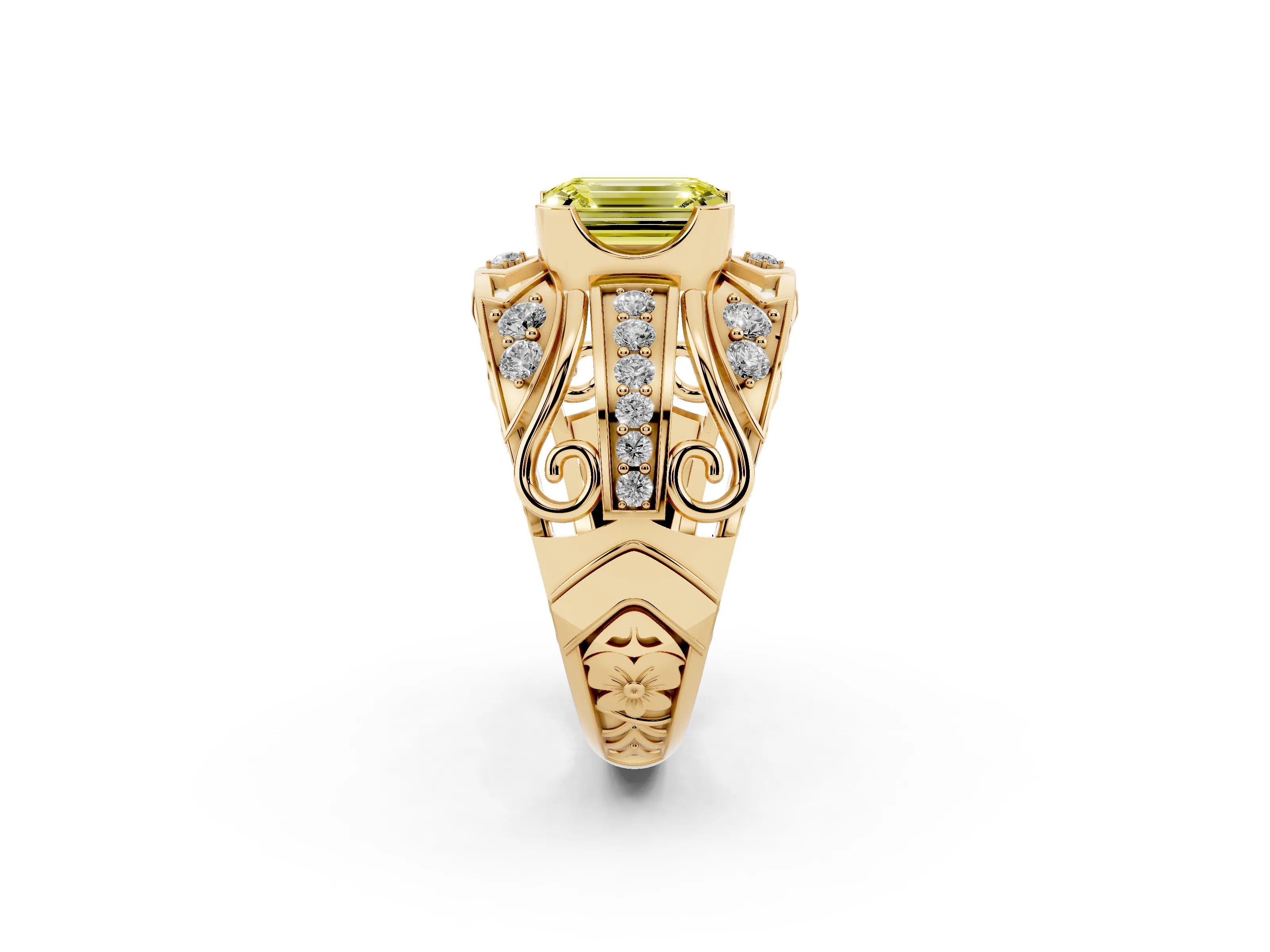 Fancy Yellow Emerald Cut Diamond Art Deco Ring Set in Yellow gold with Pavé Split Shank