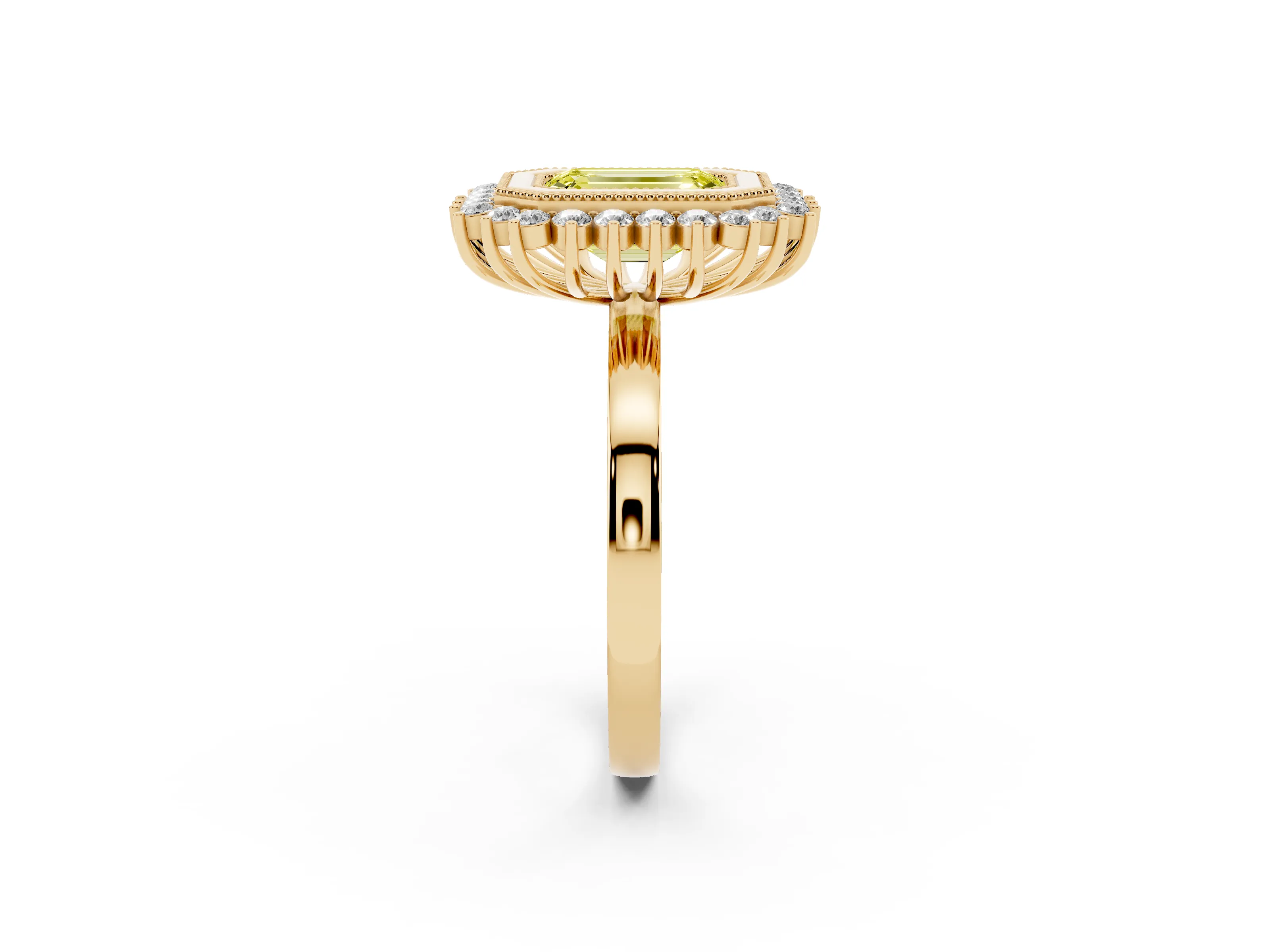 Fancy Yellow Emerald Cut Diamond Halo Ring Set in Yellow gold with Milgrain Edge and Round Prong Setting