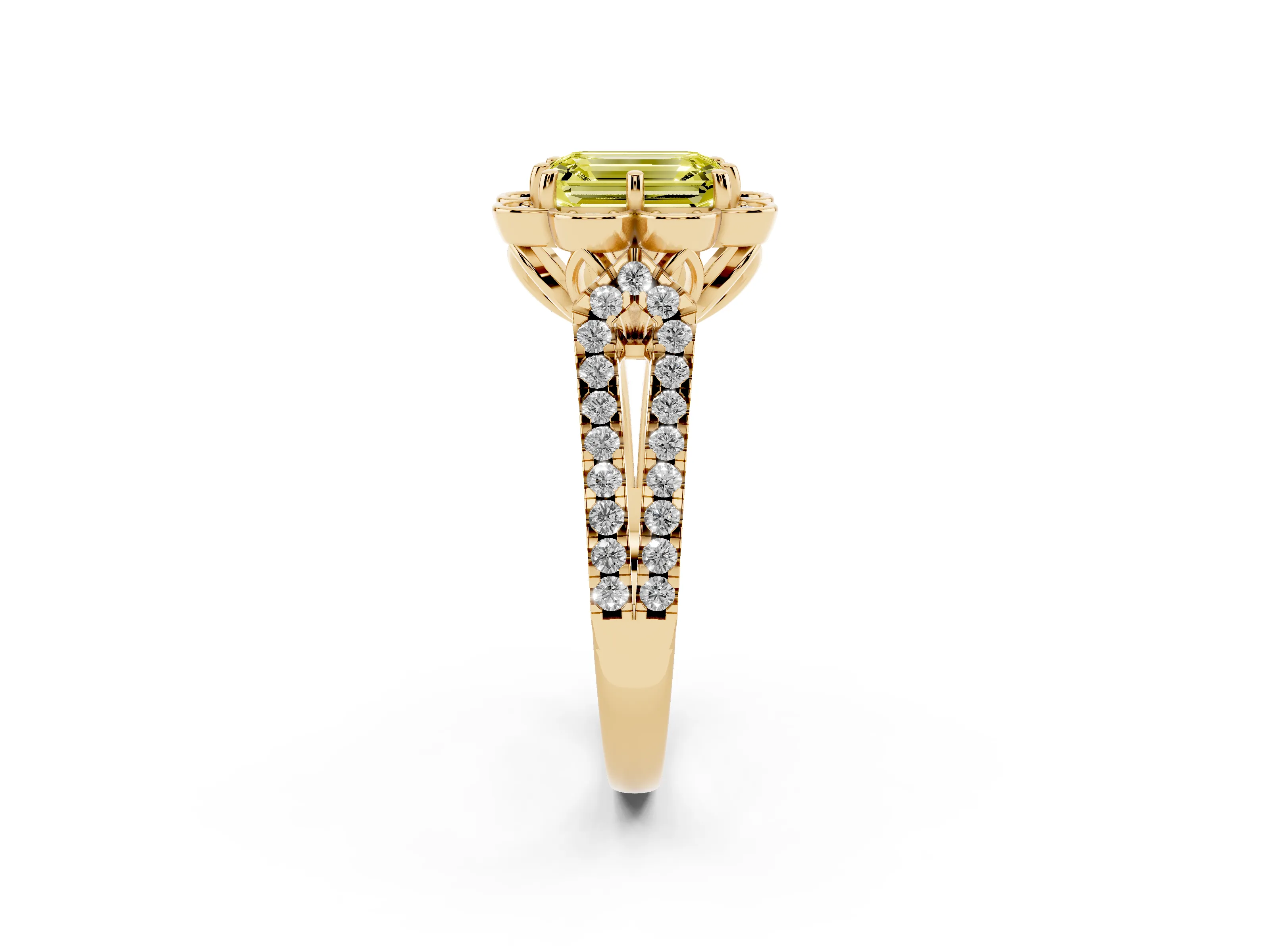 Fancy Yellow Emerald Cut Diamond Floral Halo Split Shank Engagement Ring Set in Yellow gold with Pavé Shank