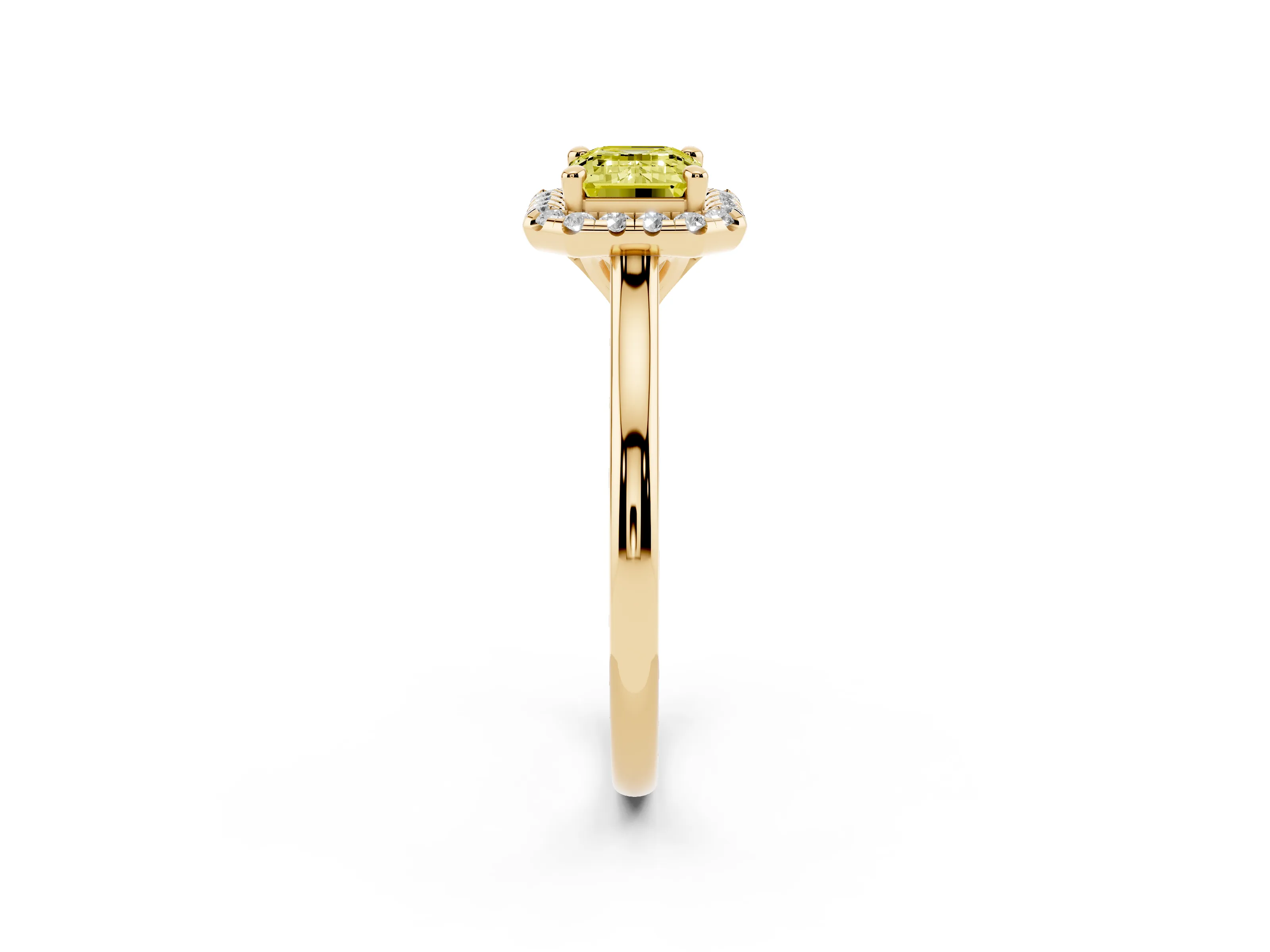 Fancy Yellow Emerald Cut Diamond Halo Engagement Ring Set in Yellow gold with Pavé Band and Rising Shoulders