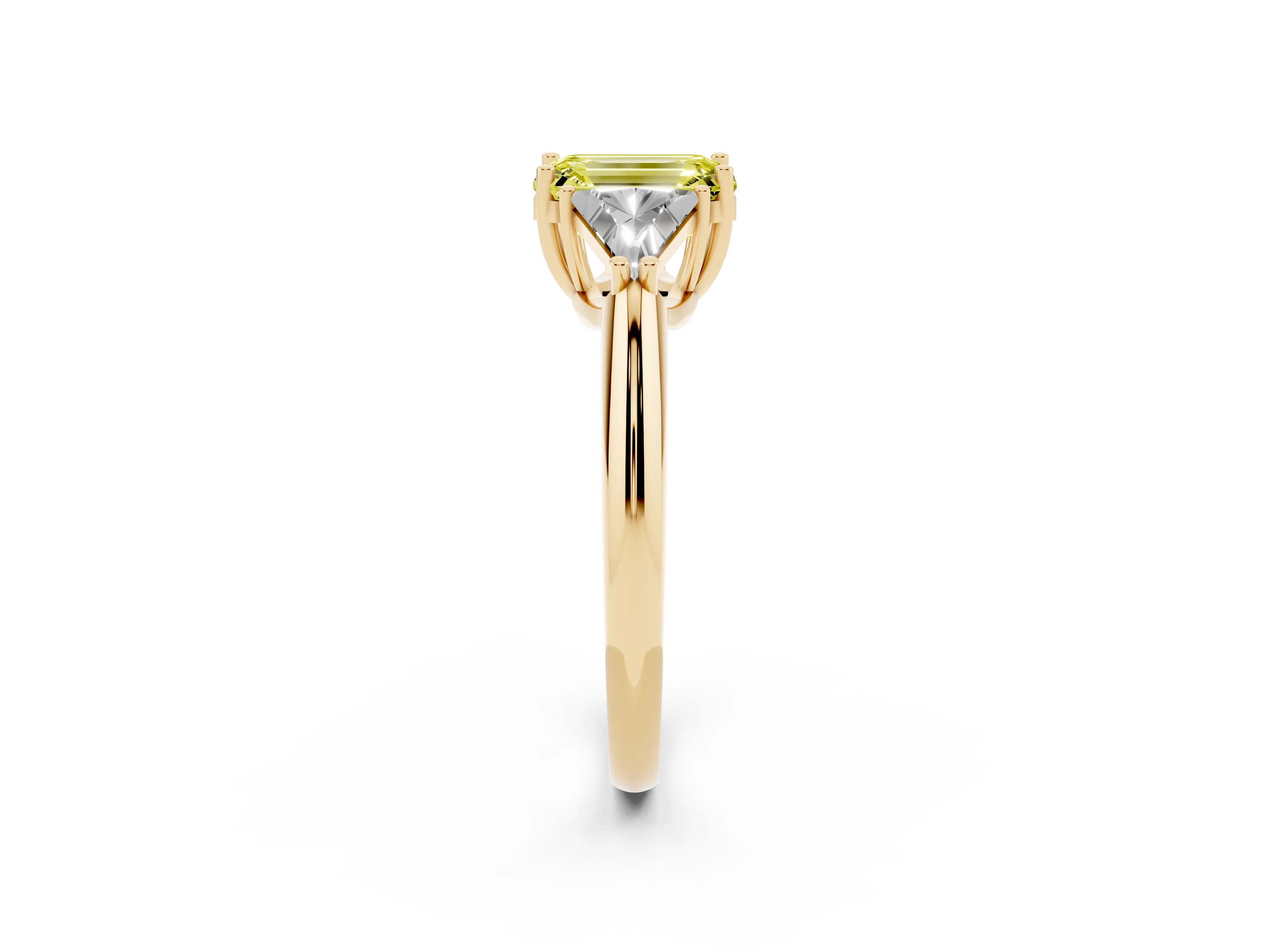Fancy Yellow Emerald Cut Diamond Three-Stone Engagement Ring Set in Yellow gold with Trillion Side Stones