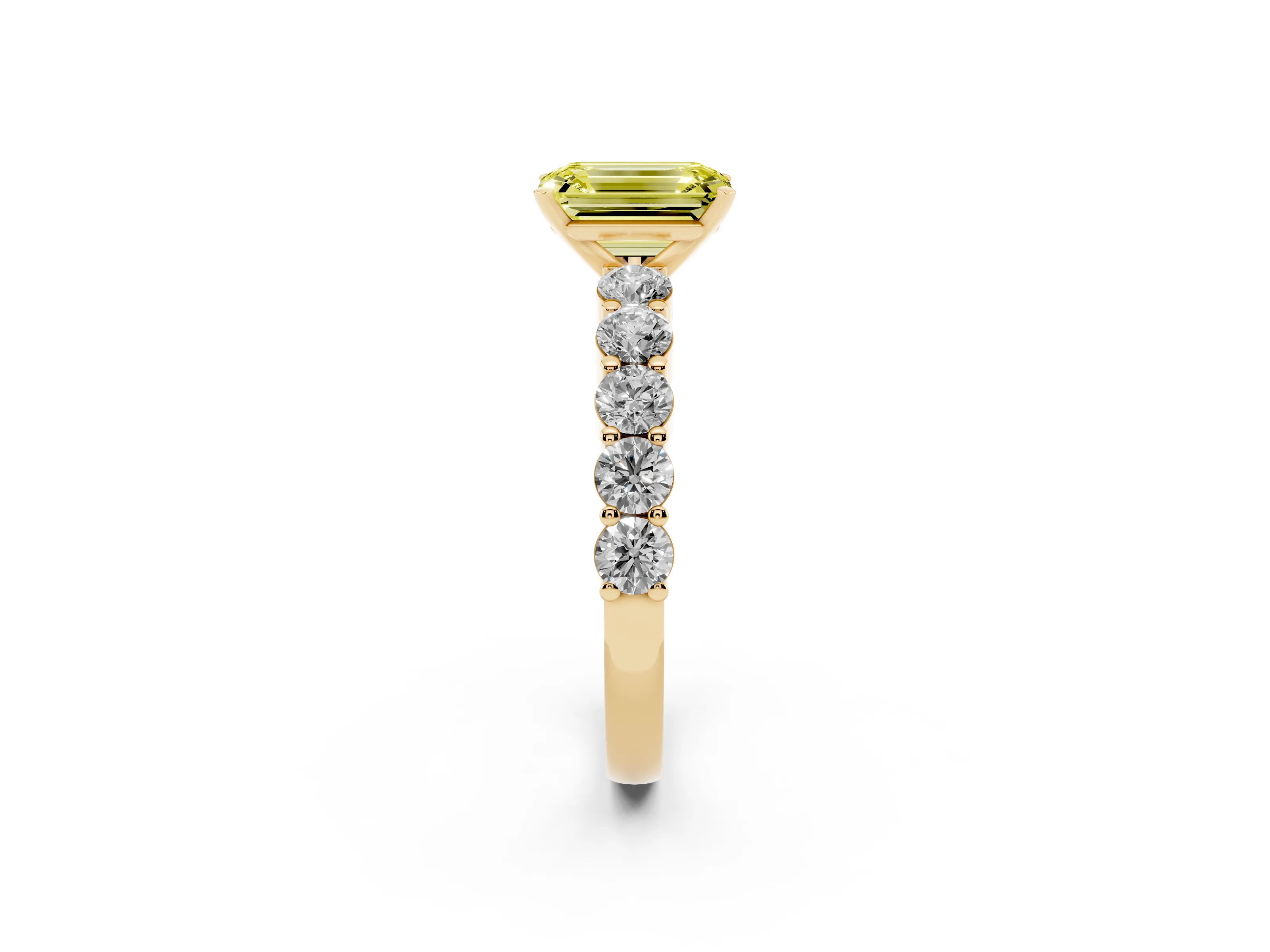 Fancy Yellow Emerald Cut Diamond Solitaire Ring Set in Yellow gold with Shared Prong Round Side Stones