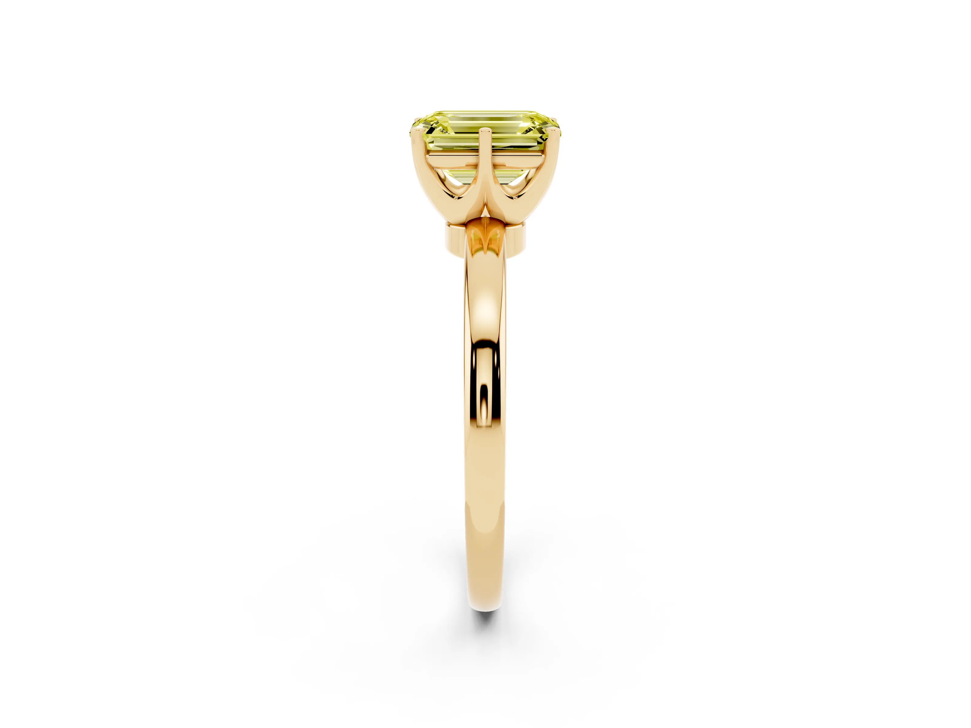 Fancy Yellow Emerald Cut Diamond Solitaire Ring Set in Yellow gold with Raised Prong Setting on a Classic Band