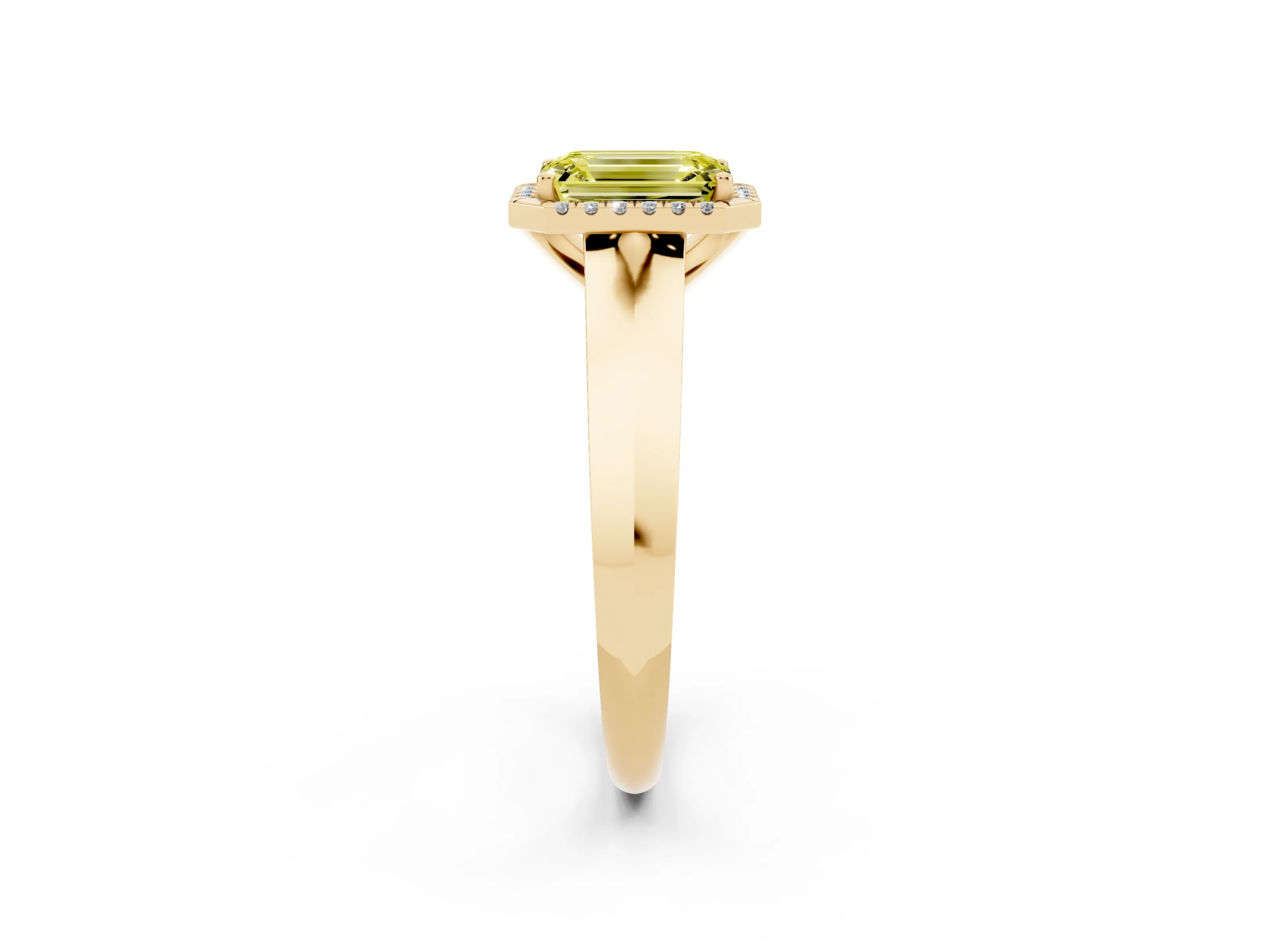 Fancy Yellow Emerald Cut Diamond Halo Ring Set in Yellow gold with Cathedral Band and Prong Setting