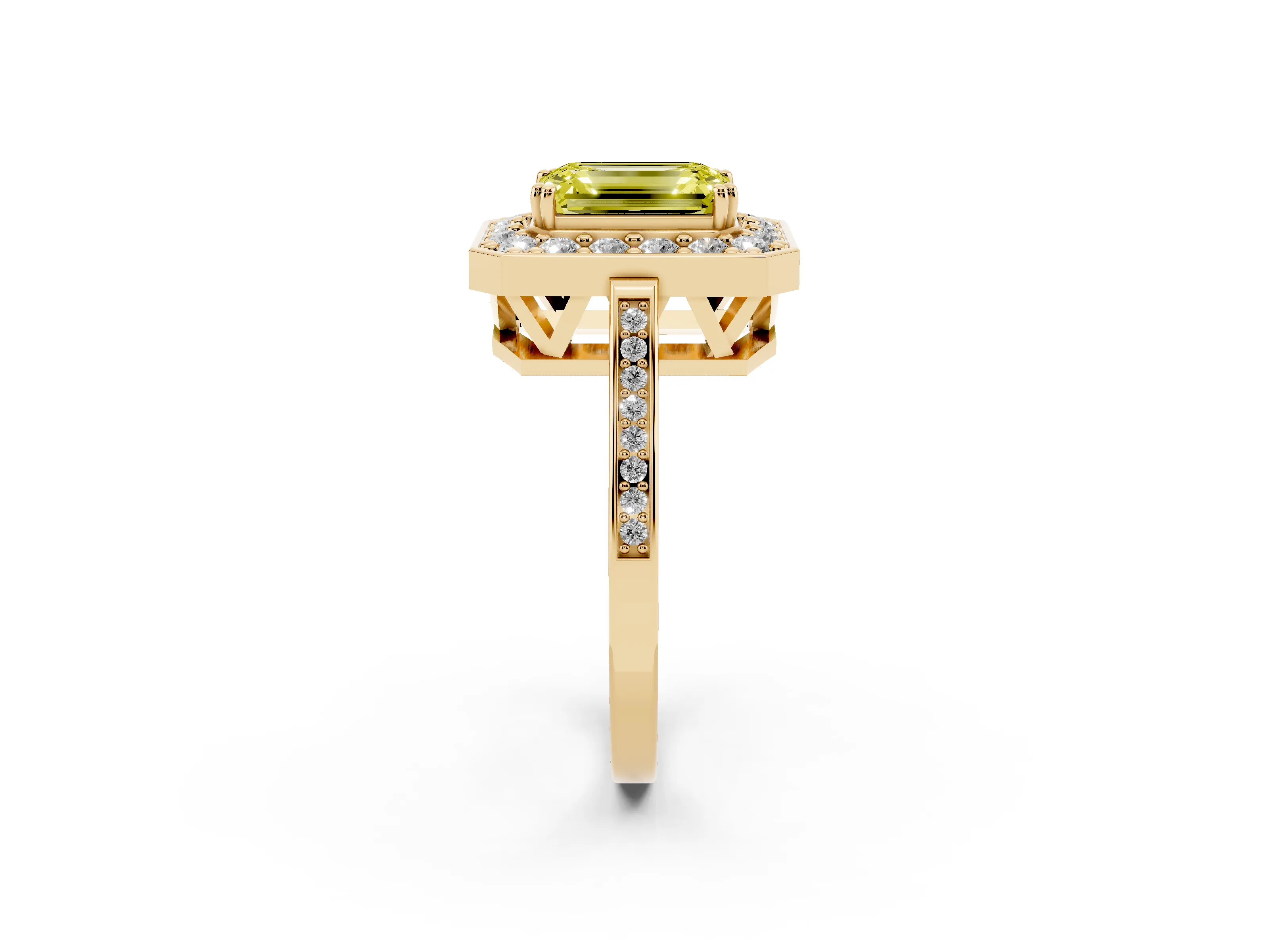 Fancy Yellow Emerald Cut Diamond Halo Ring Set in Yellow gold with Accent-Lined Split Shank and Prong Setting