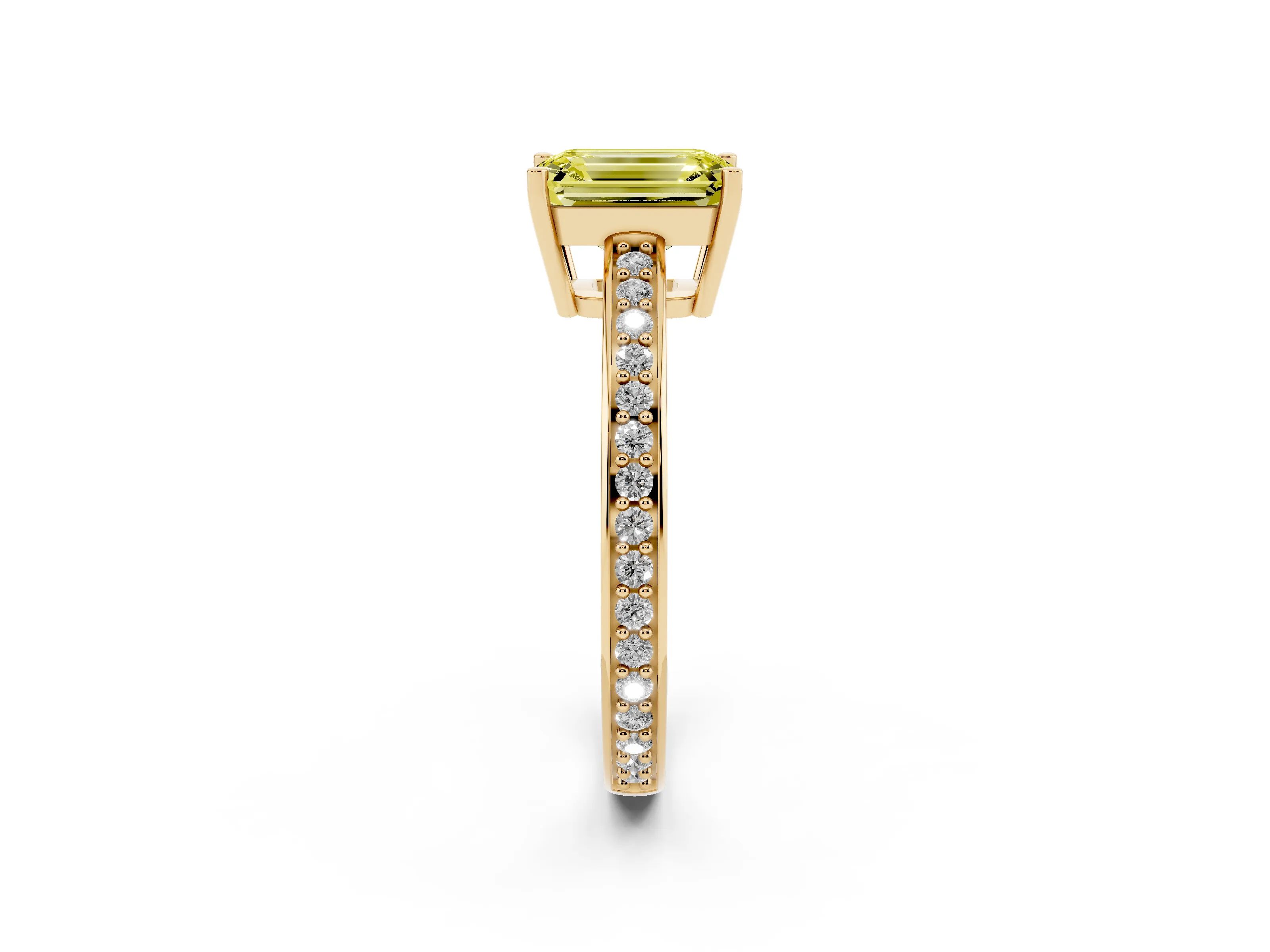 Fancy Yellow Emerald Cut Diamond Pavé Band Prong Set Solitaire Ring Set in Yellow gold