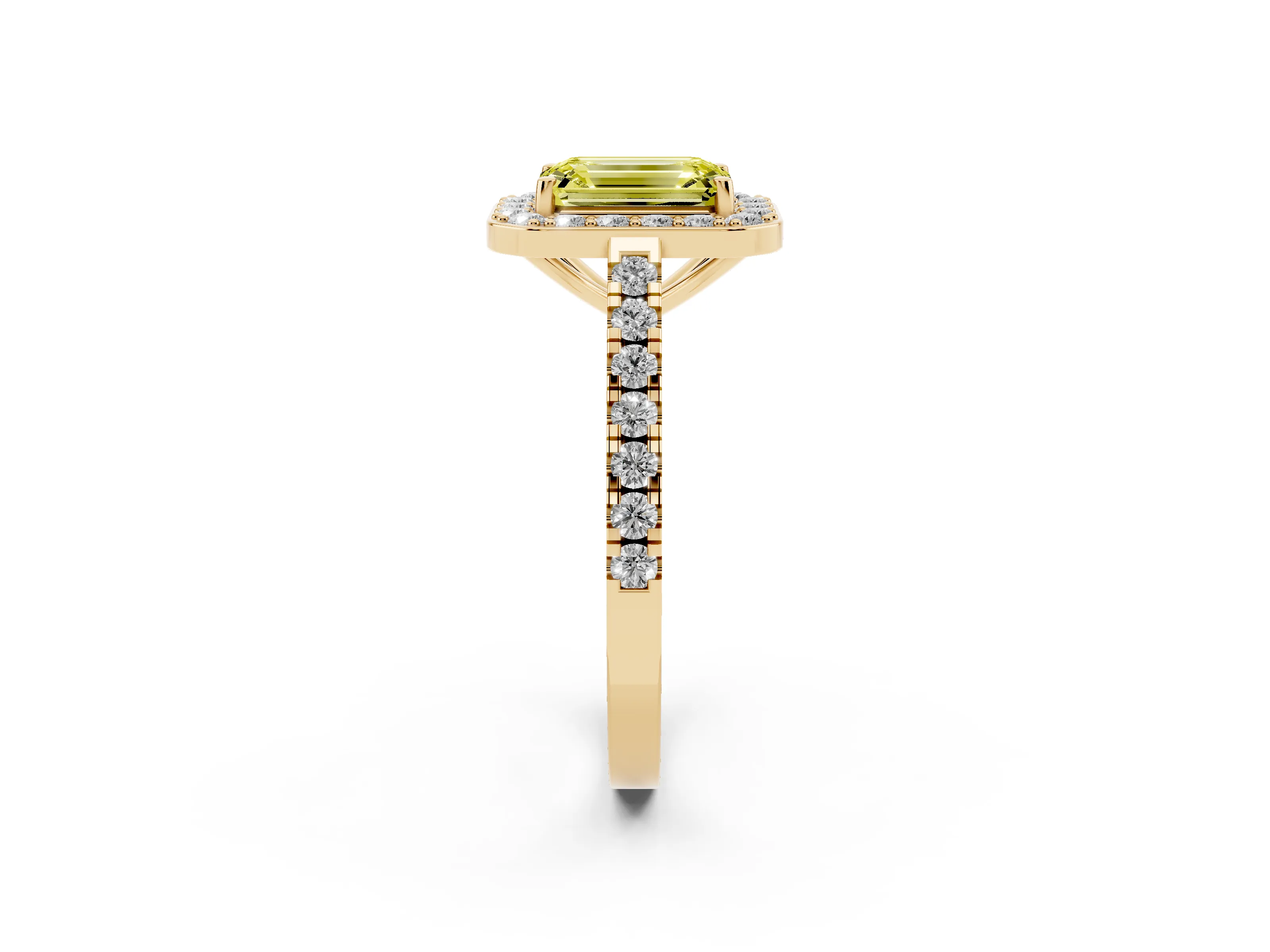 Fancy Yellow Emerald Cut Diamond Halo Ring Set in Yellow gold with Round Pavé Split Shank and Prong Setting