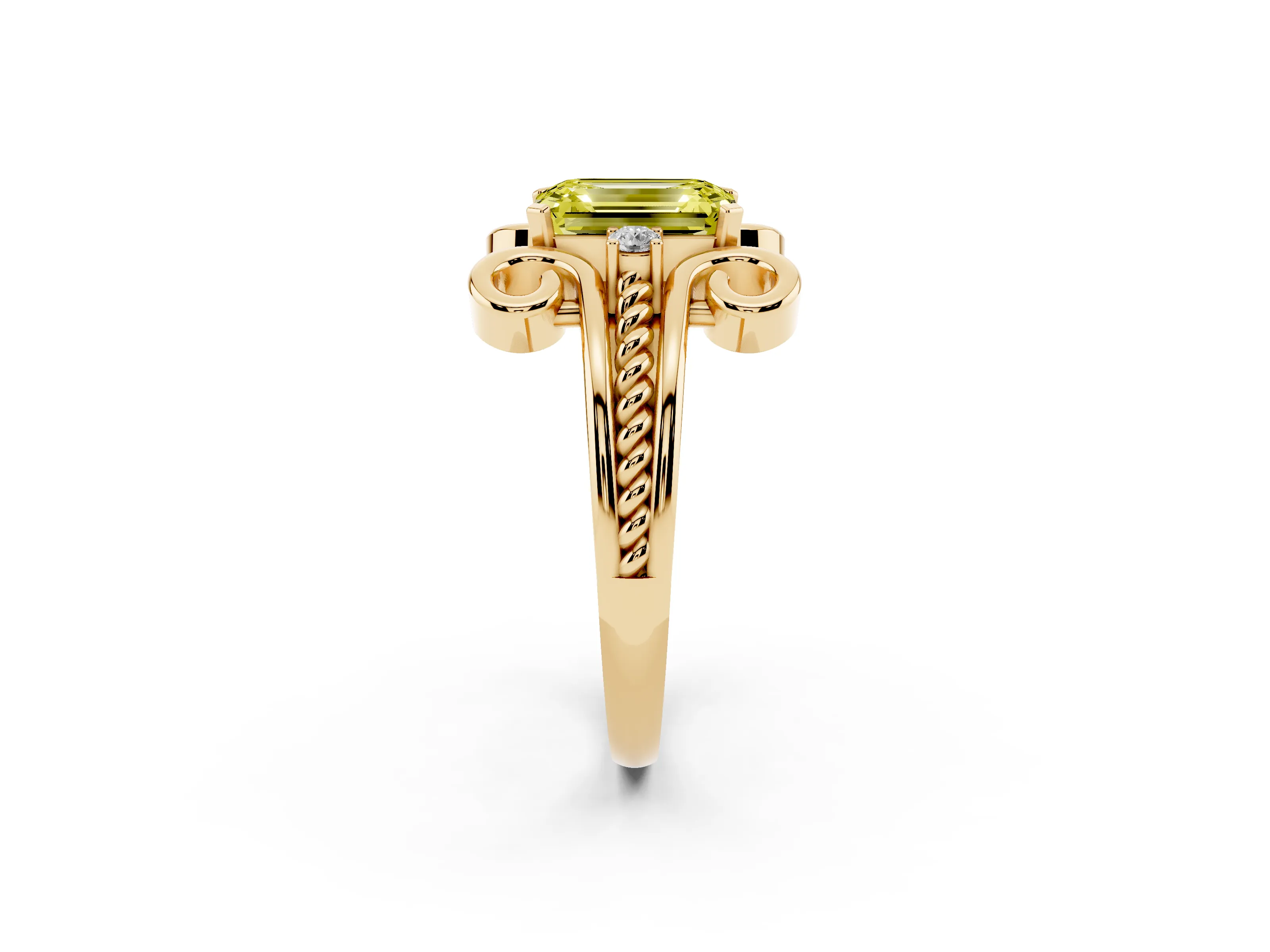 Fancy Yellow Emerald Cut Diamond Twisted Band Solitaire Ring Set in Yellow gold with Scroll Prongs